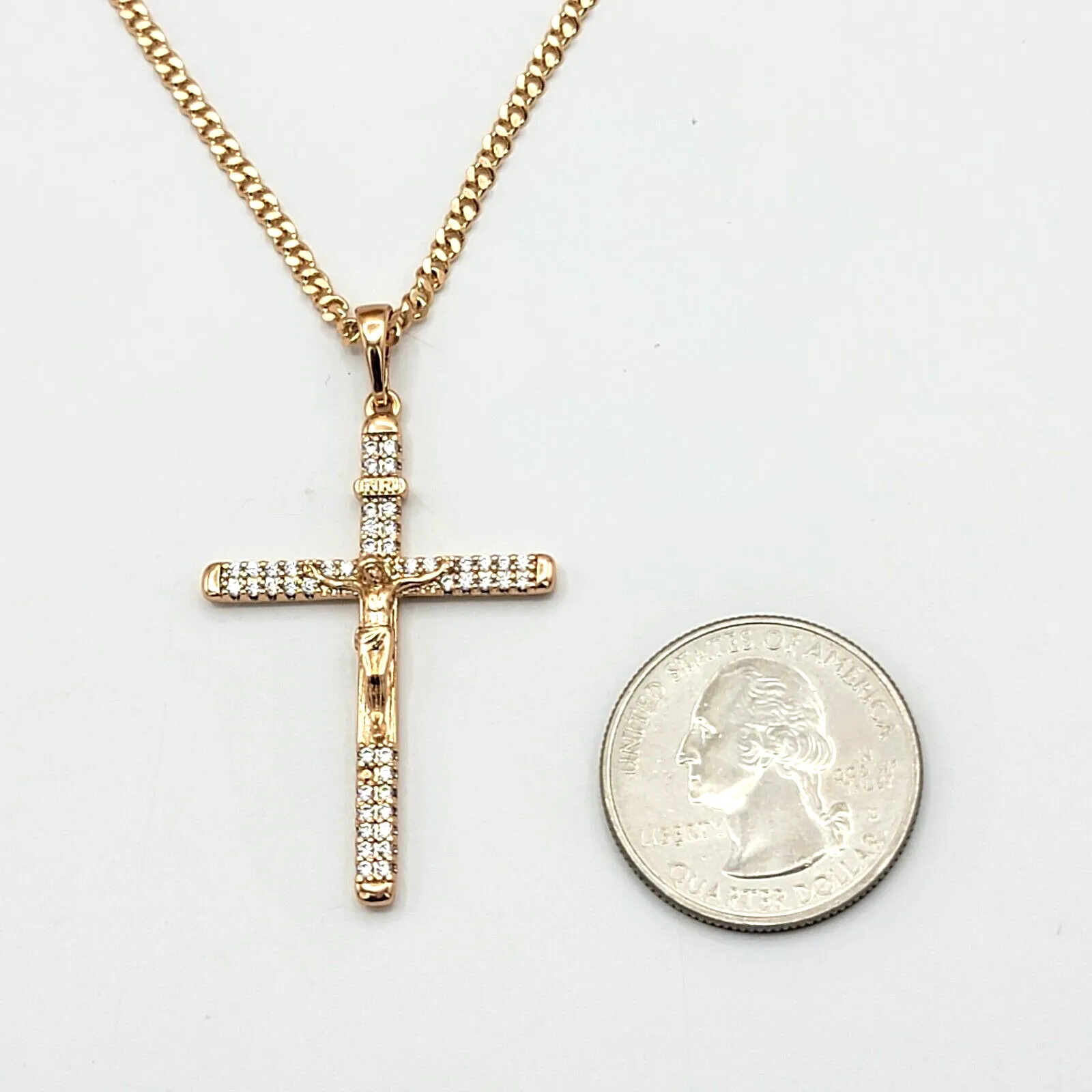 Necklaces - 18K Gold Plated. Crucifix Jesus Cross crystals Pendant & Chain. Necklace.