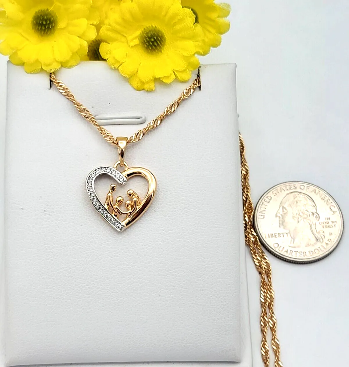 Necklaces - 18K Gold Plated. CZ Heart Family. Mom Dad Daughter Son Pendant & Chain.