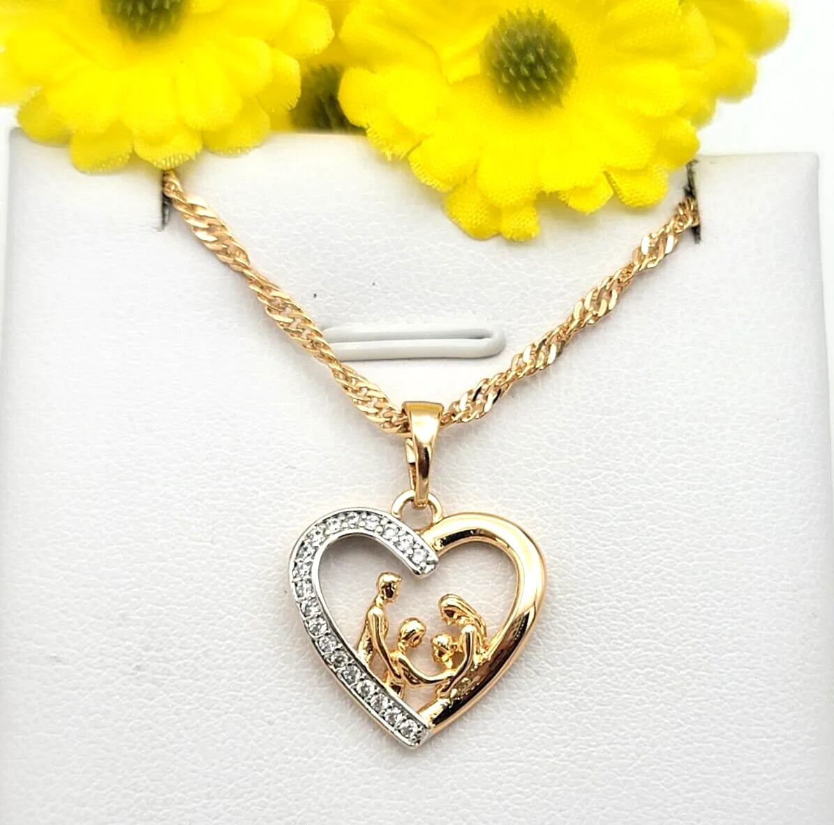 Necklaces - 18K Gold Plated. CZ Heart Family. Mom Dad Daughter Son Pendant & Chain.