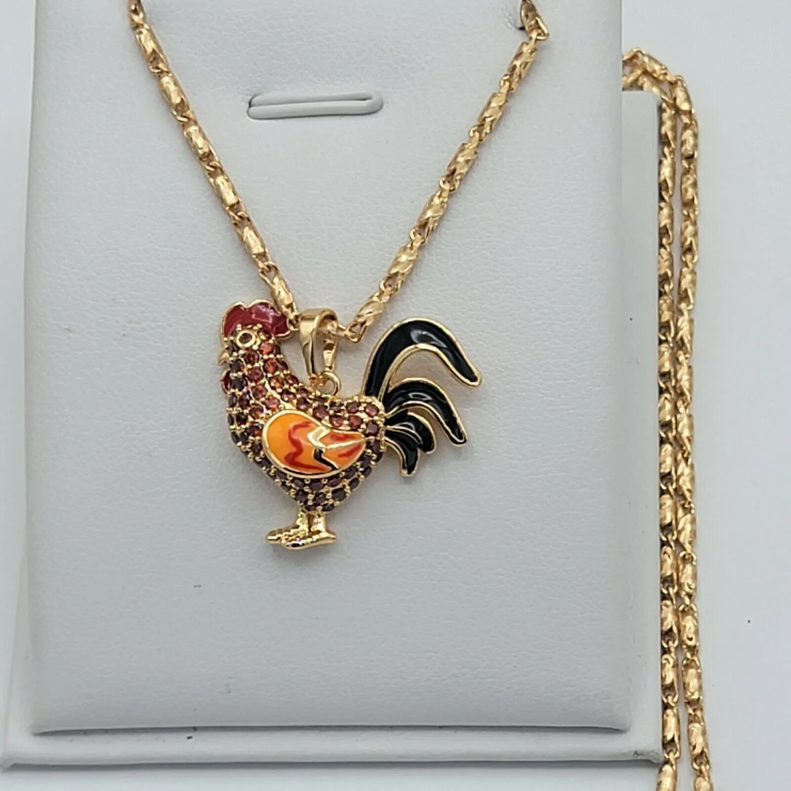 Necklaces - 18k Gold Plated. Multicolor CZ Rooster Pendant & Chain.