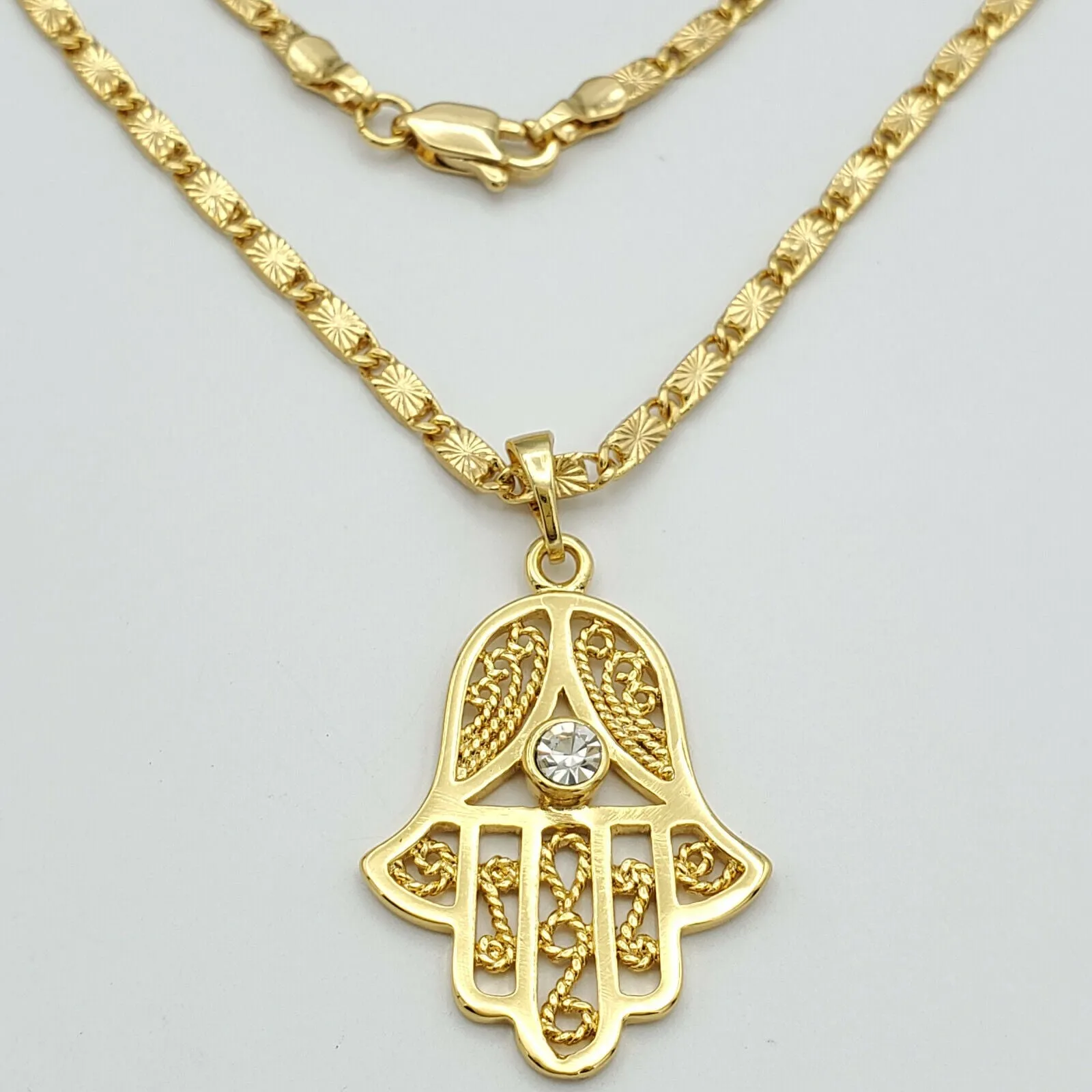 Necklaces - 24K Gold Plated. Fashion Hamsa Hand withEye Pendant & Chain.