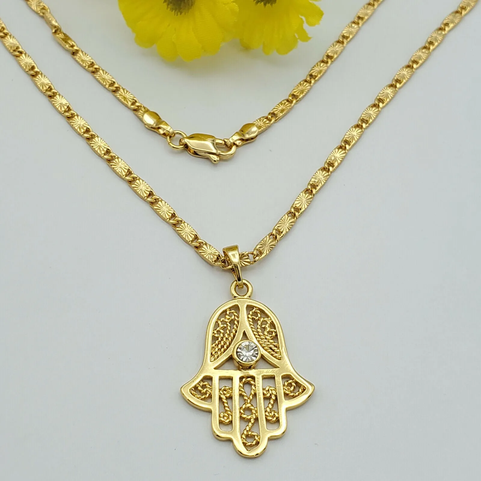 Necklaces - 24K Gold Plated. Fashion Hamsa Hand withEye Pendant & Chain.