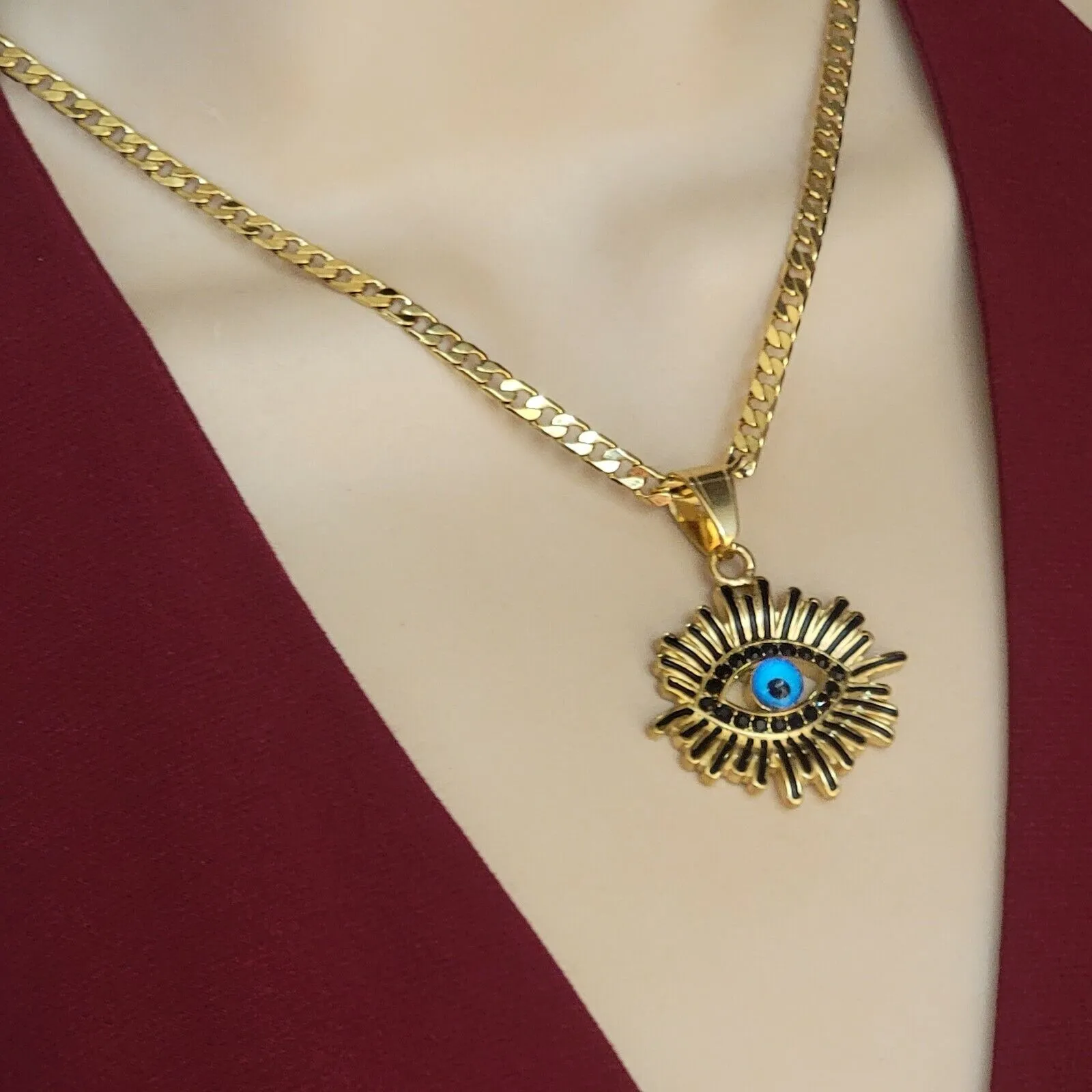 Necklaces - 24K Gold Plated. Sun & Eye Pendant Chain