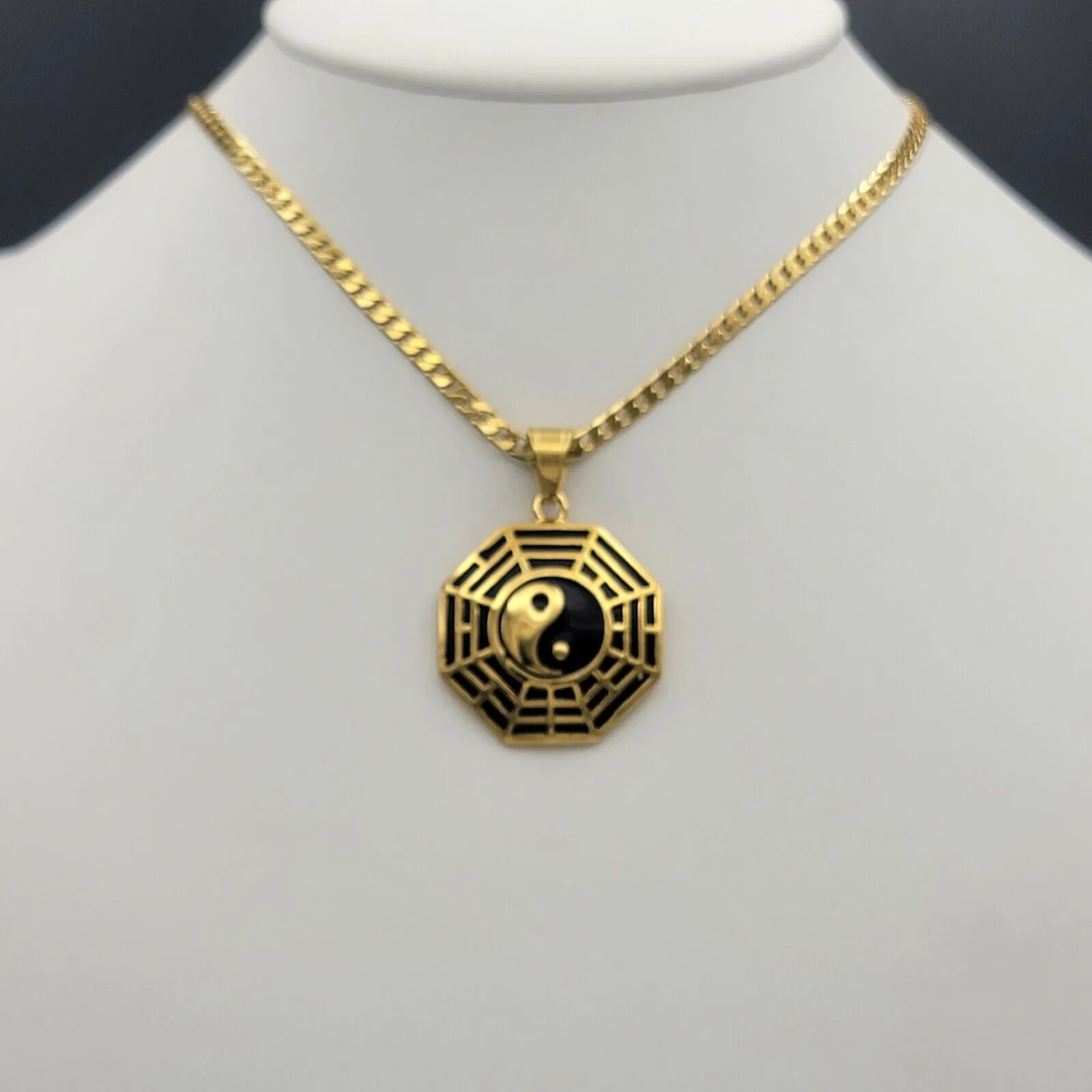 Necklaces - 24K Gold Plated. Two Tones Yin & Yang Taiji Bagua Pendant & Chain.