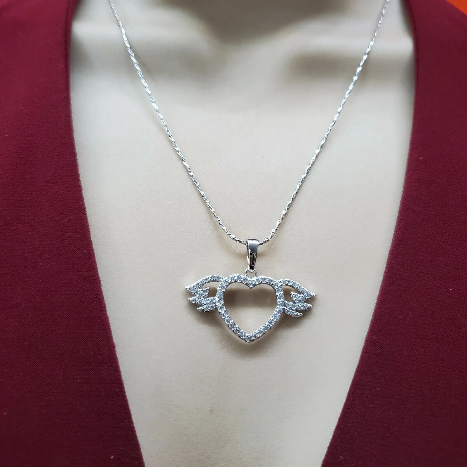 Necklaces - Rhodium Plated. Heart w Angel Wings Memorial Pendant & Chain