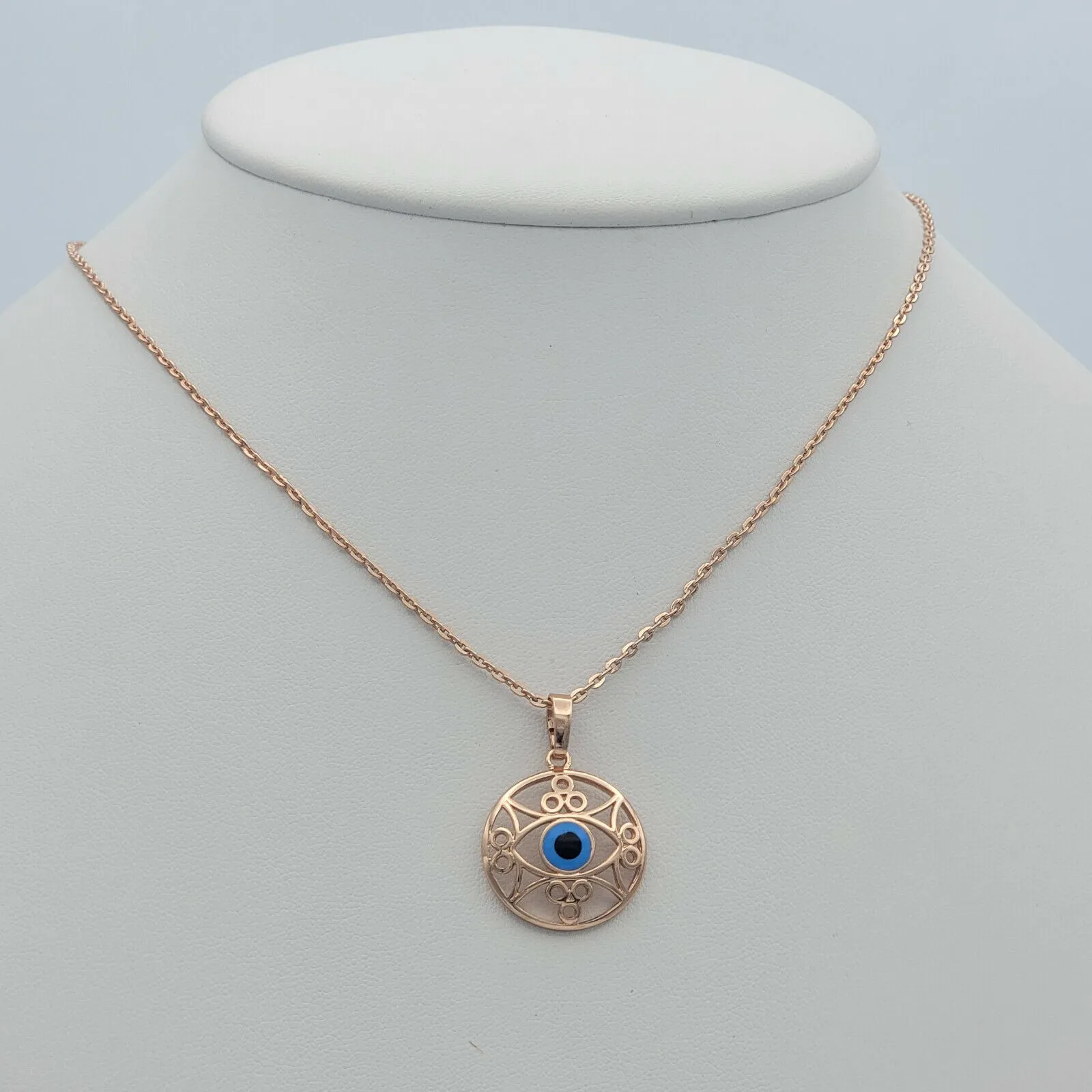 Necklaces - Rose Gold Plated. Blue Eye Pendant & Chain.
