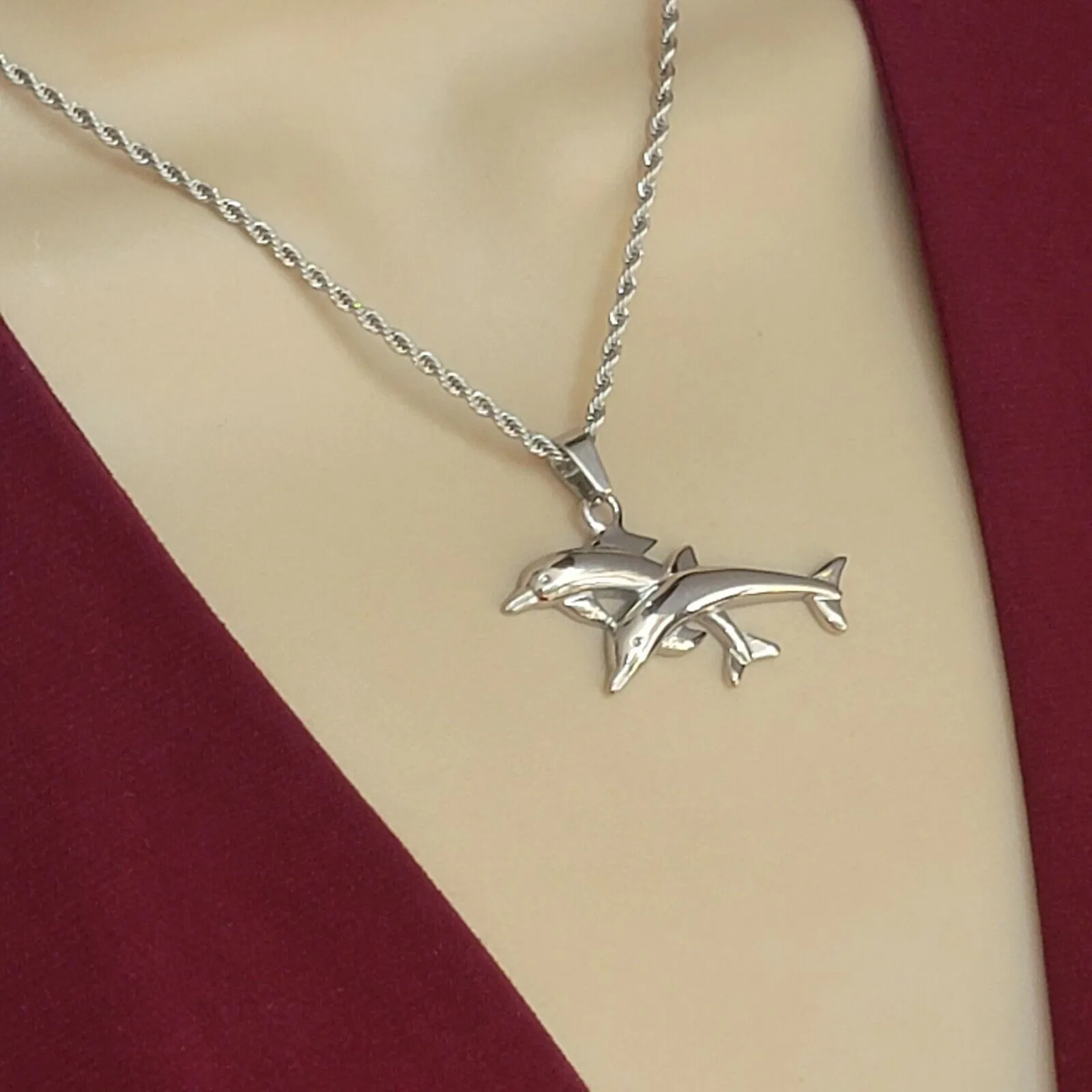 Necklaces - Stainless Steel. Couple Dolphin Pendant & Chain.