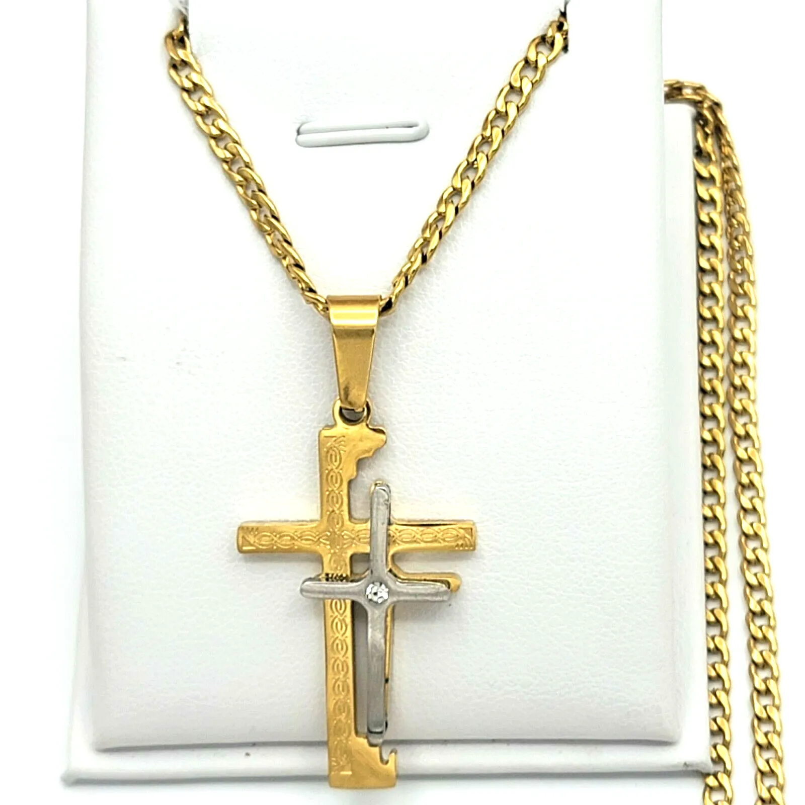 Necklaces - Stainless Steel Gold Plated. Cross Pendant & Chain. Double Cross Silver Gold