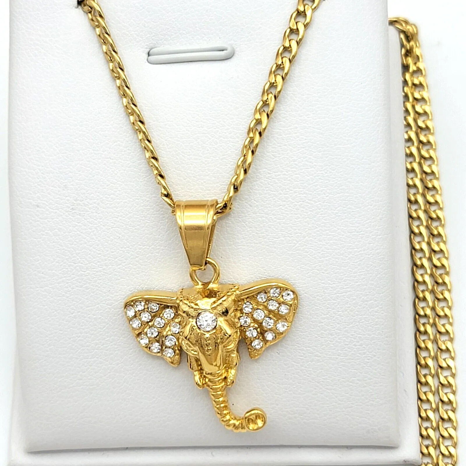 Necklaces - Stainless Steel Gold Plated. CZ Elephant Pendant & Chain.