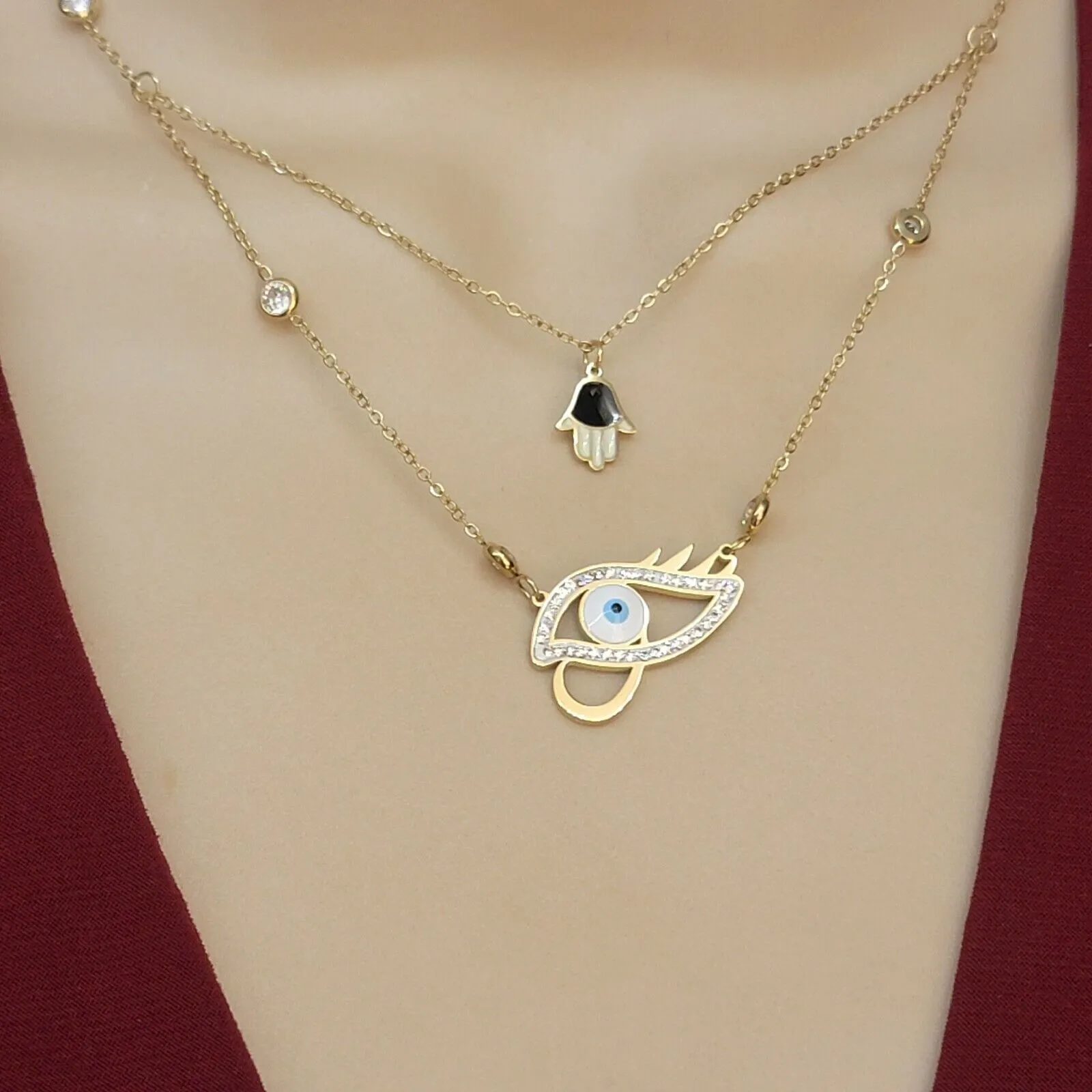 Necklaces - Stainless Steel Gold Plated. Eye & Hamsa Hand Pendant Layered Necklace