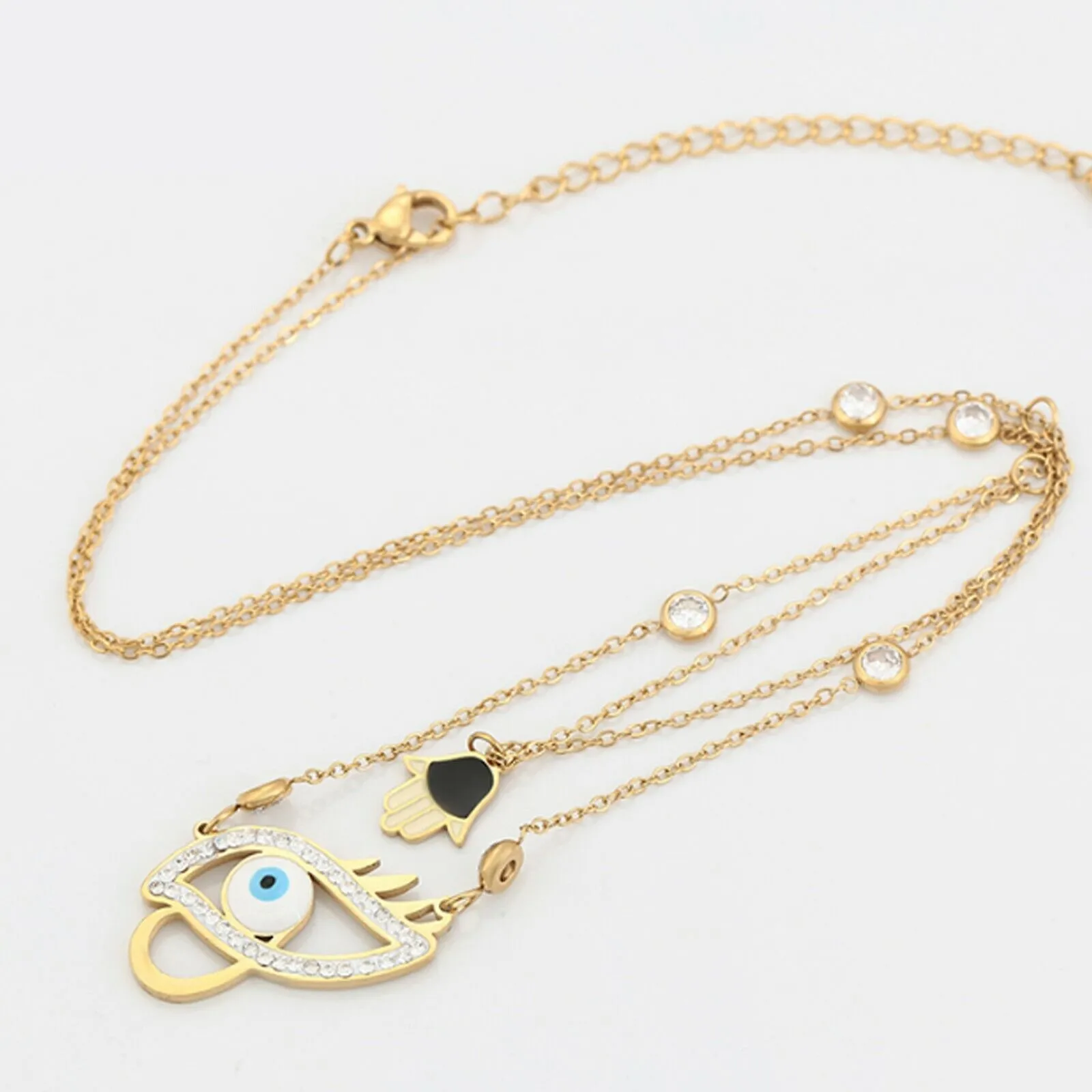 Necklaces - Stainless Steel Gold Plated. Eye & Hamsa Hand Pendant Layered Necklace