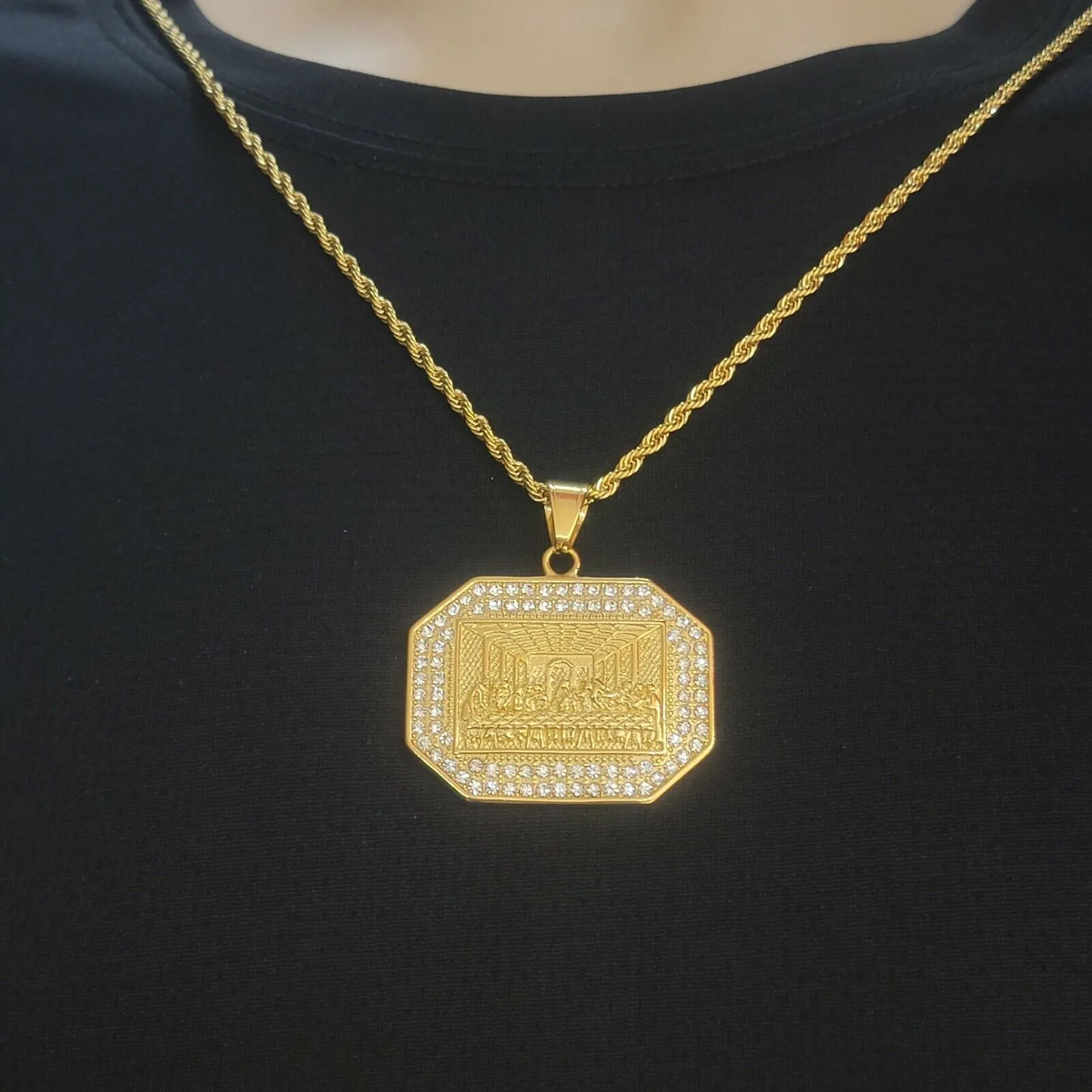 Necklaces - Stainless Steel Gold Plated. Last Supper Pendant & Chain - La Ultima Cena