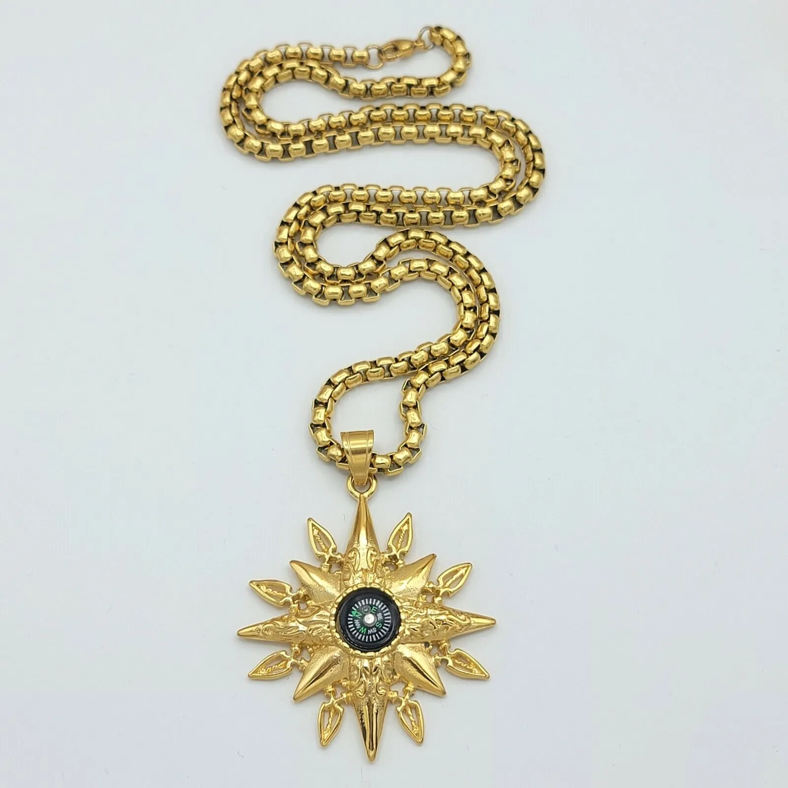 Necklaces - Stainless Steel Gold Plated. Navigation Star Compass Pendant & Chain.