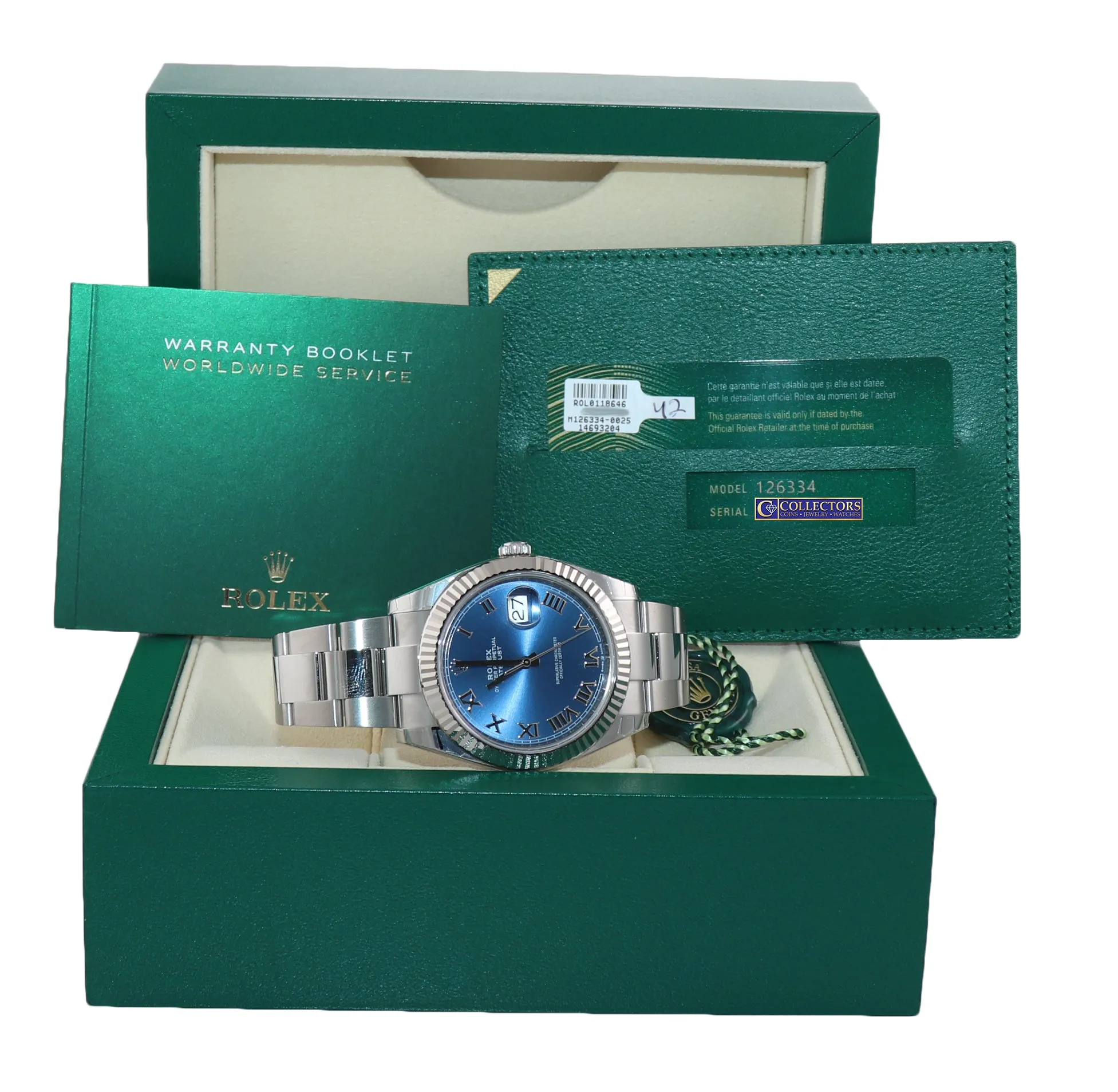 NEW 2021 PAPERS Rolex Steel DateJust 41 Blue Roman White Gold 126334 Watch Box