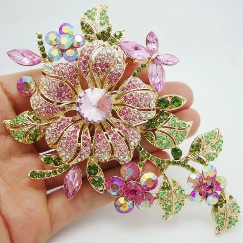 New Elegant Pink Brooch Pin Rhinestone Crystal Flower Romantic Wedding Bride Bridesmaid Rhinestone Jewelry Brooch Pin