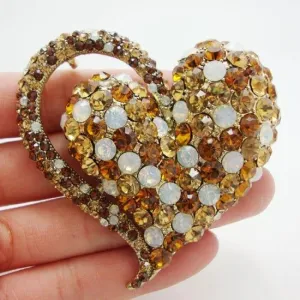 New Elegant Retro Love Heart Pendant Brooch Pin Brown Austrian Crystal Rhinestones