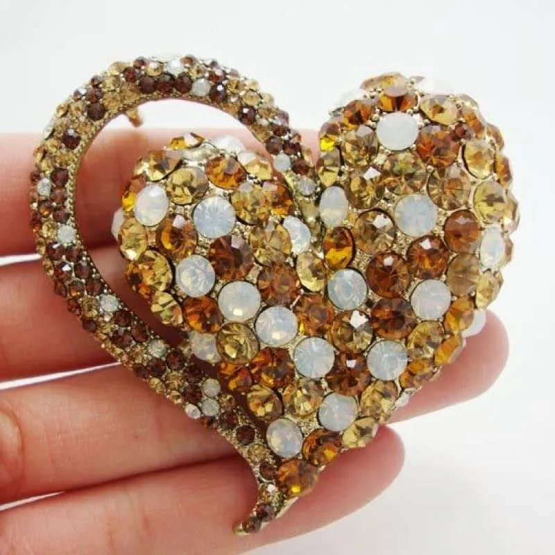 New Elegant Retro Love Heart Pendant Brooch Pin Brown Austrian Crystal Rhinestones