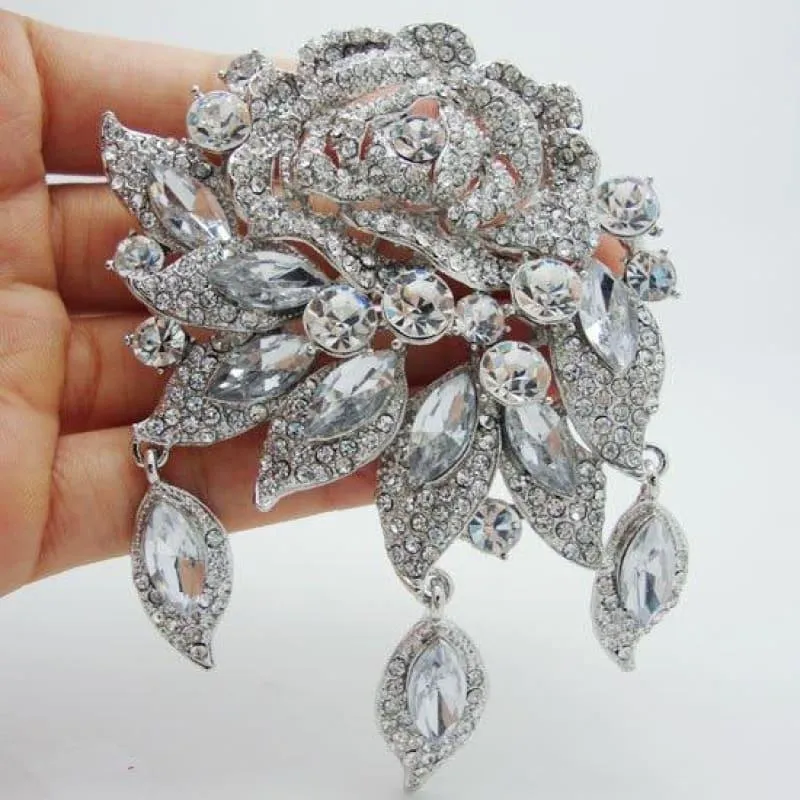 New Fashion Elegant Bridal Clear Rhinestone Crystal Art Deco Flower Rose Brooch Pin
