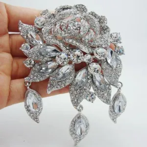 New Fashion Elegant Bridal Clear Rhinestone Crystal Art Deco Flower Rose Brooch Pin