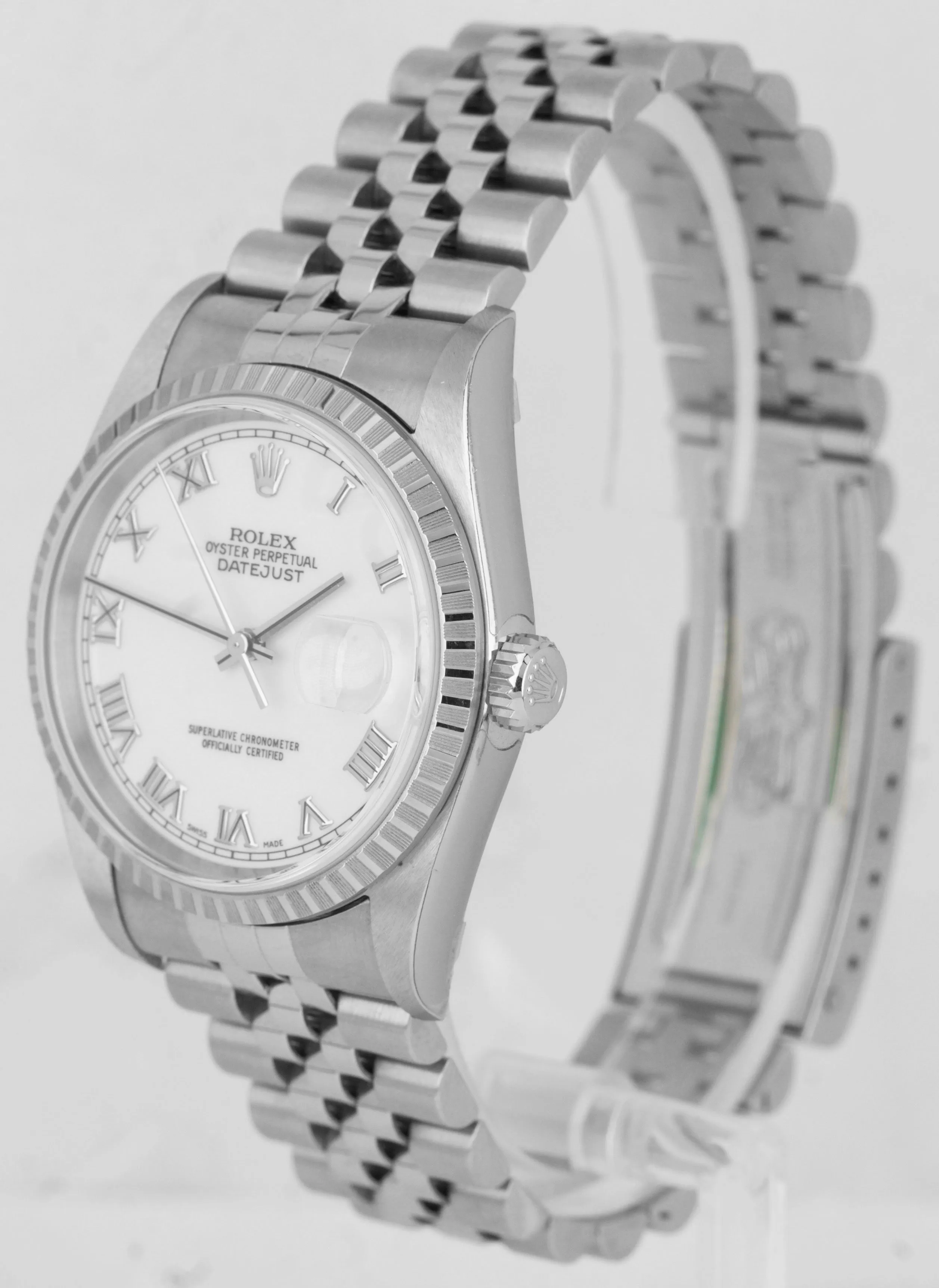 NEW NOS STICKERED 2006 Rolex DateJust 36mm White Roman Steel Jubilee Watch 16220