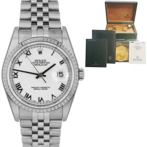 NEW NOS STICKERED 2006 Rolex DateJust 36mm White Roman Steel Jubilee Watch 16220