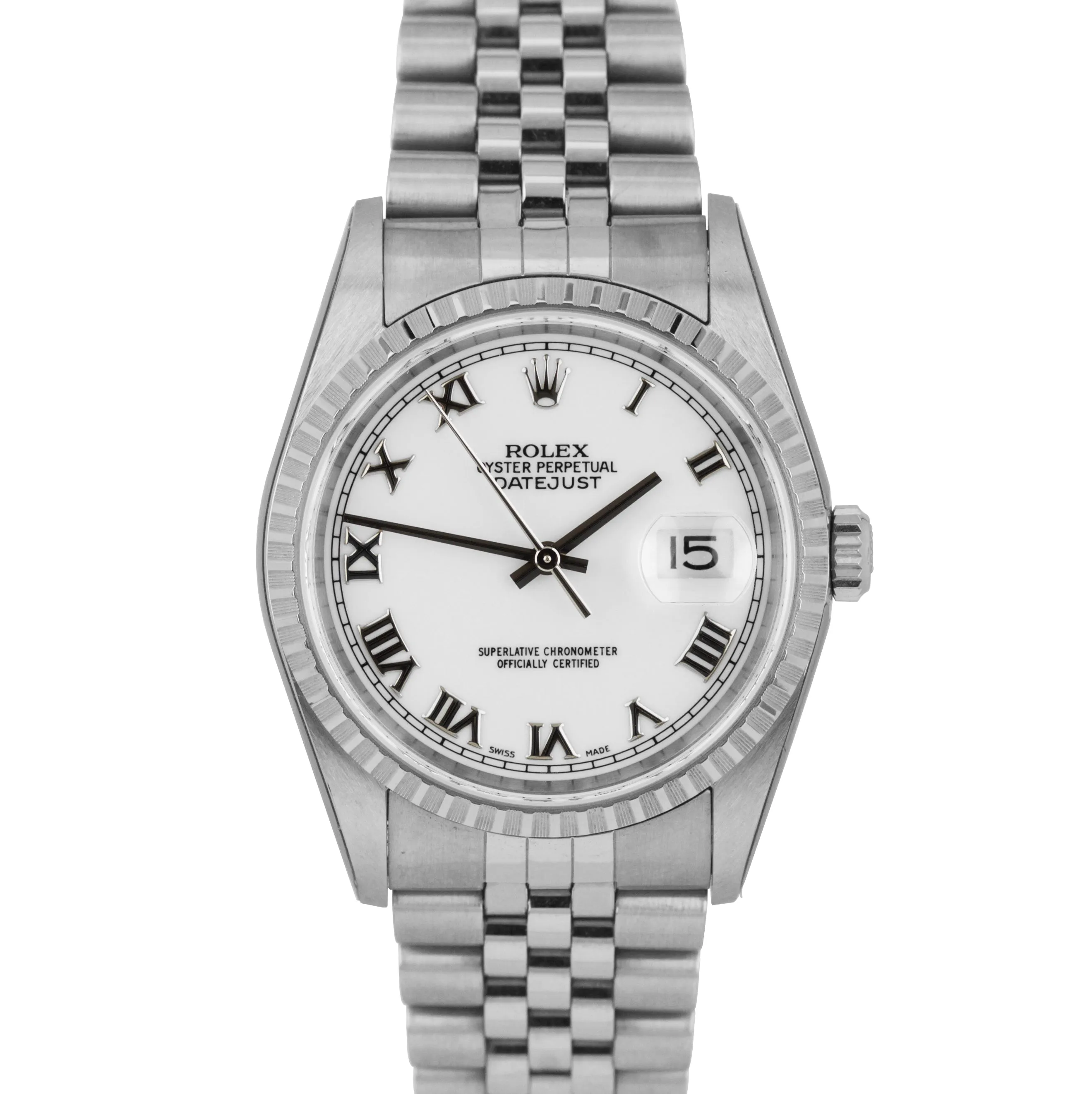 NEW NOS STICKERED 2006 Rolex DateJust 36mm White Roman Steel Jubilee Watch 16220