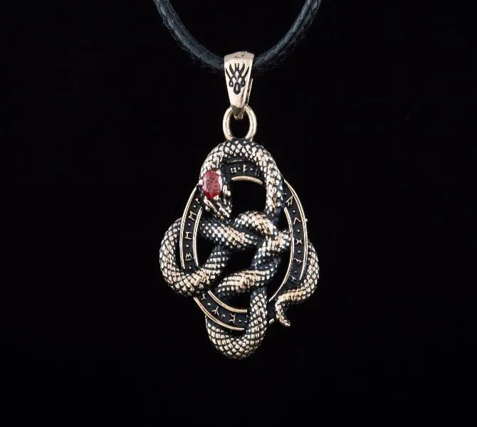 Norse Runes Snake Pendant | Bronze Necklace with Red Cubic Zirconia