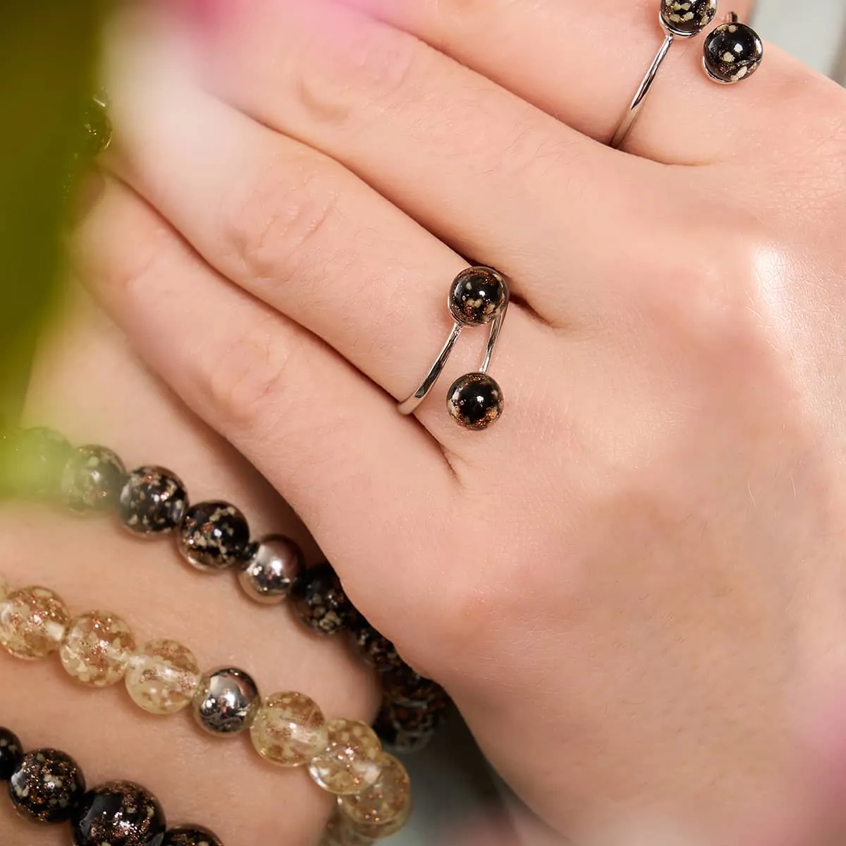 Obsidian | .925 Sterling Silver | Firefly Glass | Infinity Helix Ring