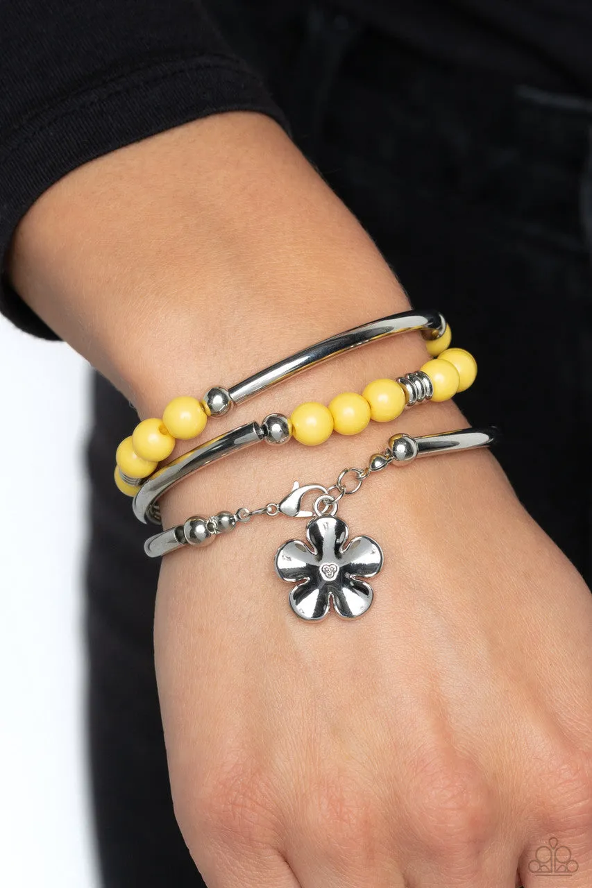 Off the WRAP - Yellow - Beaded Flower Charm Paparazzi Infinity Coil Bracelet with Clasp