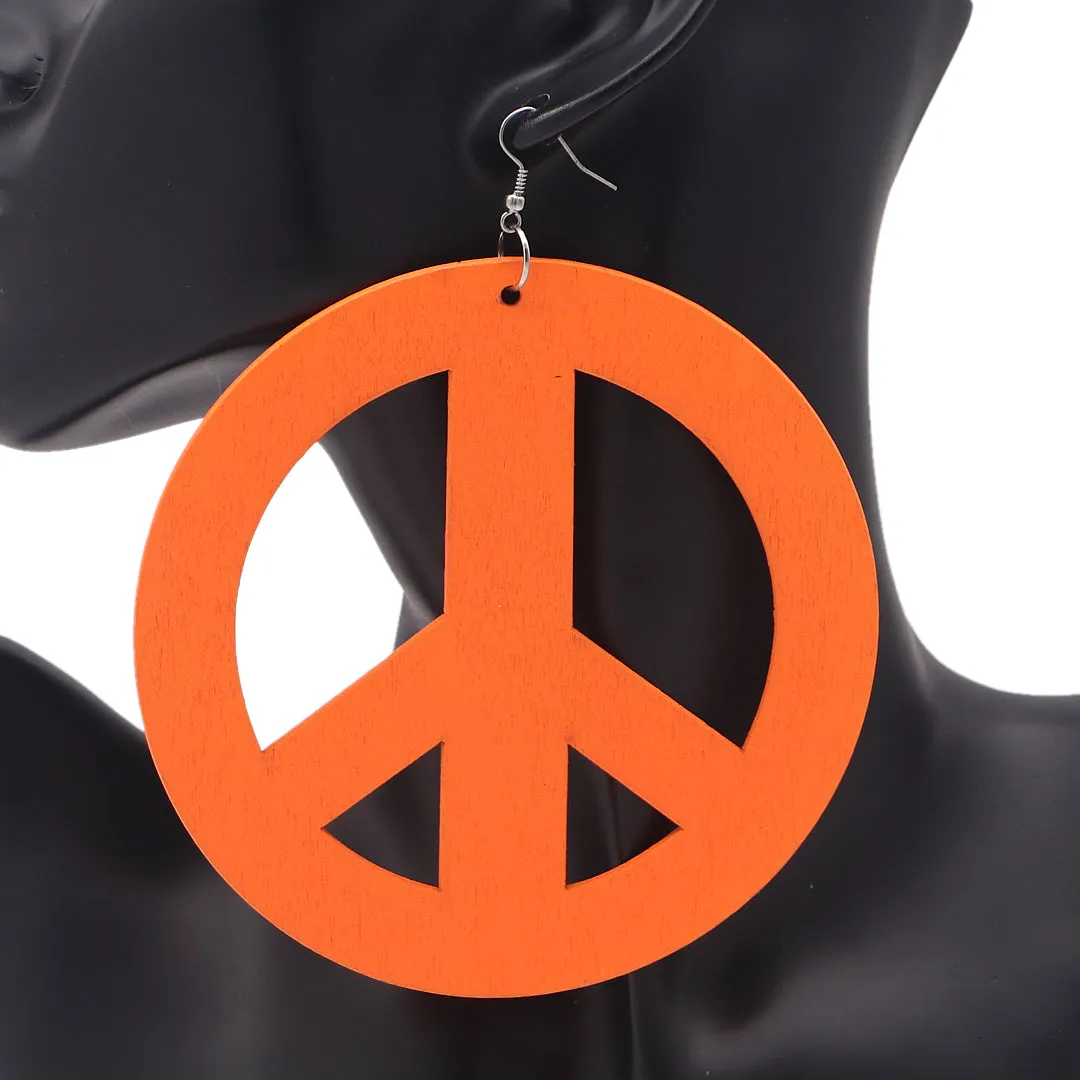 Orange Oversized Peace Sign Wooden Earrings