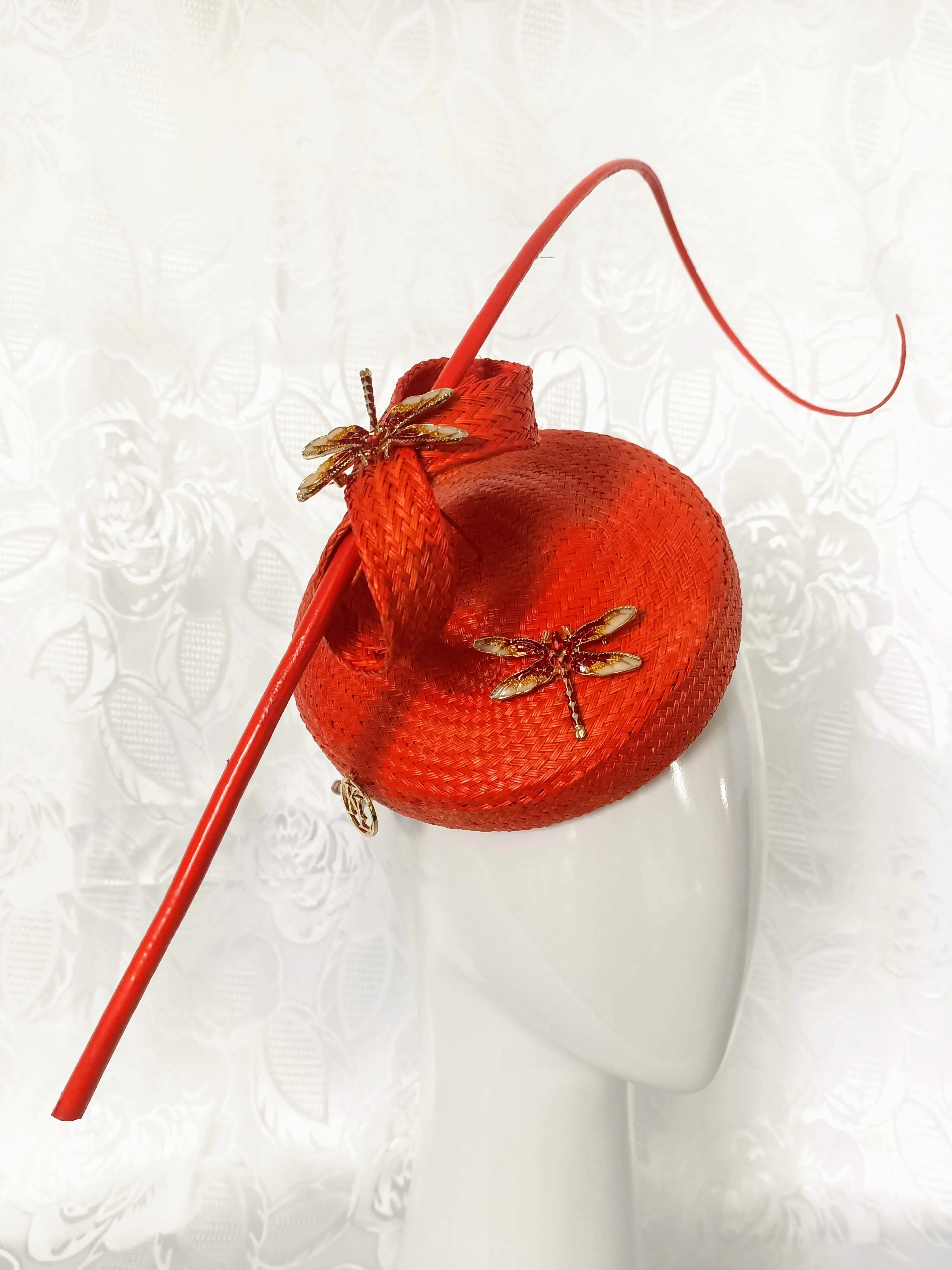 Orange Straw Fascinator with Floating Quill & Dragonfly Brooches