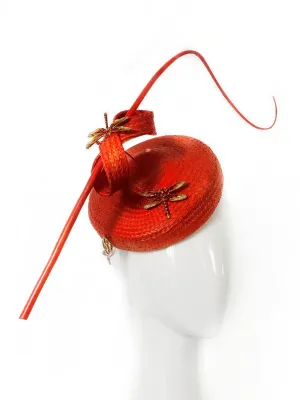 Orange Straw Fascinator with Floating Quill & Dragonfly Brooches