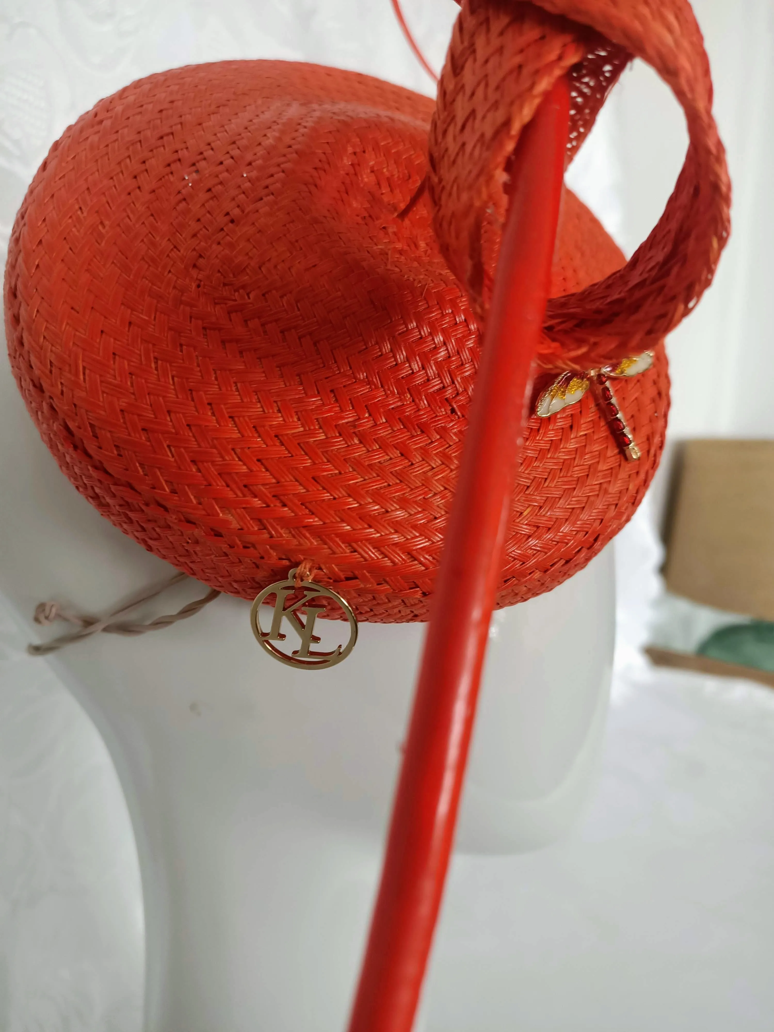 Orange Straw Fascinator with Floating Quill & Dragonfly Brooches