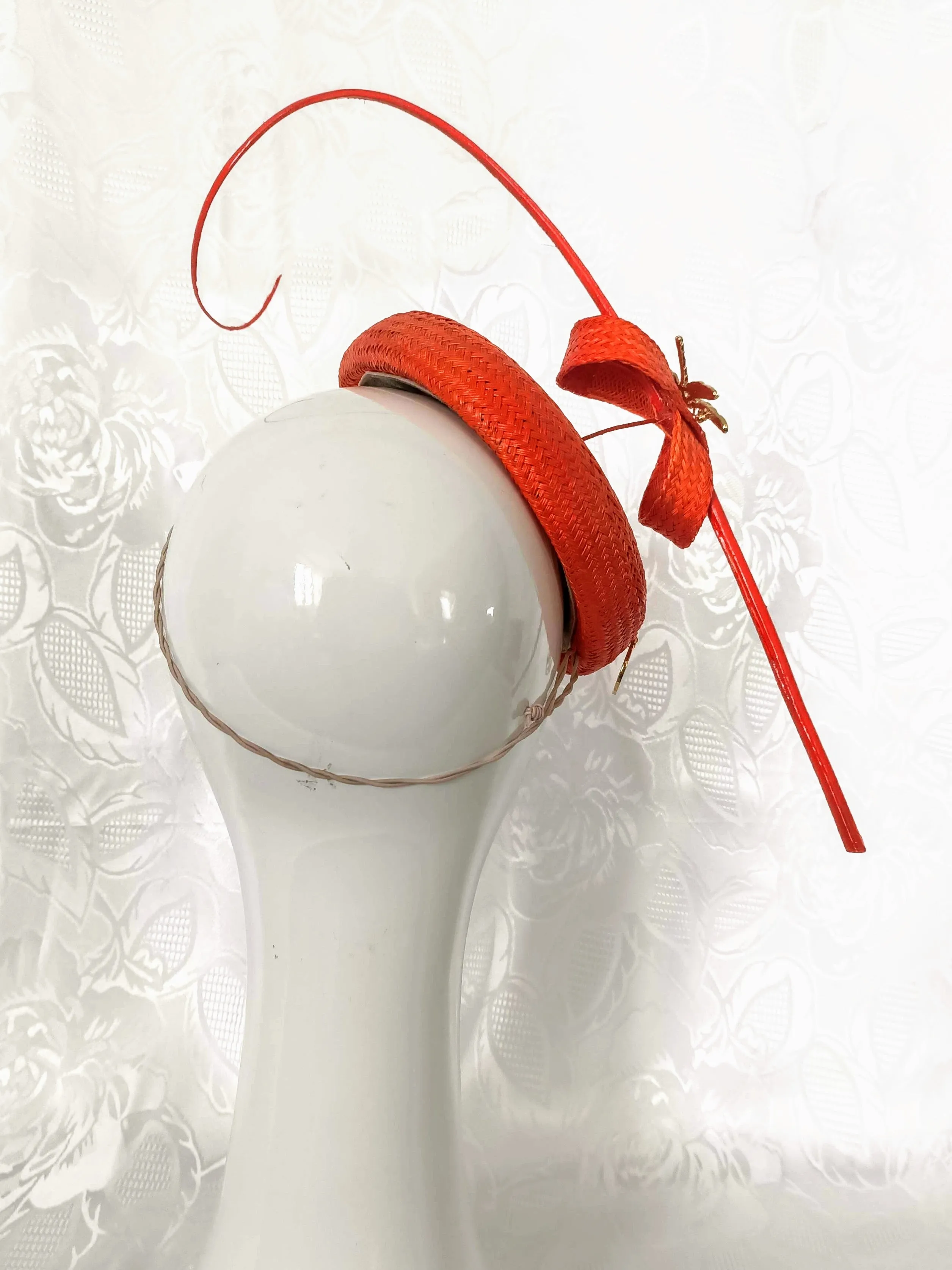 Orange Straw Fascinator with Floating Quill & Dragonfly Brooches