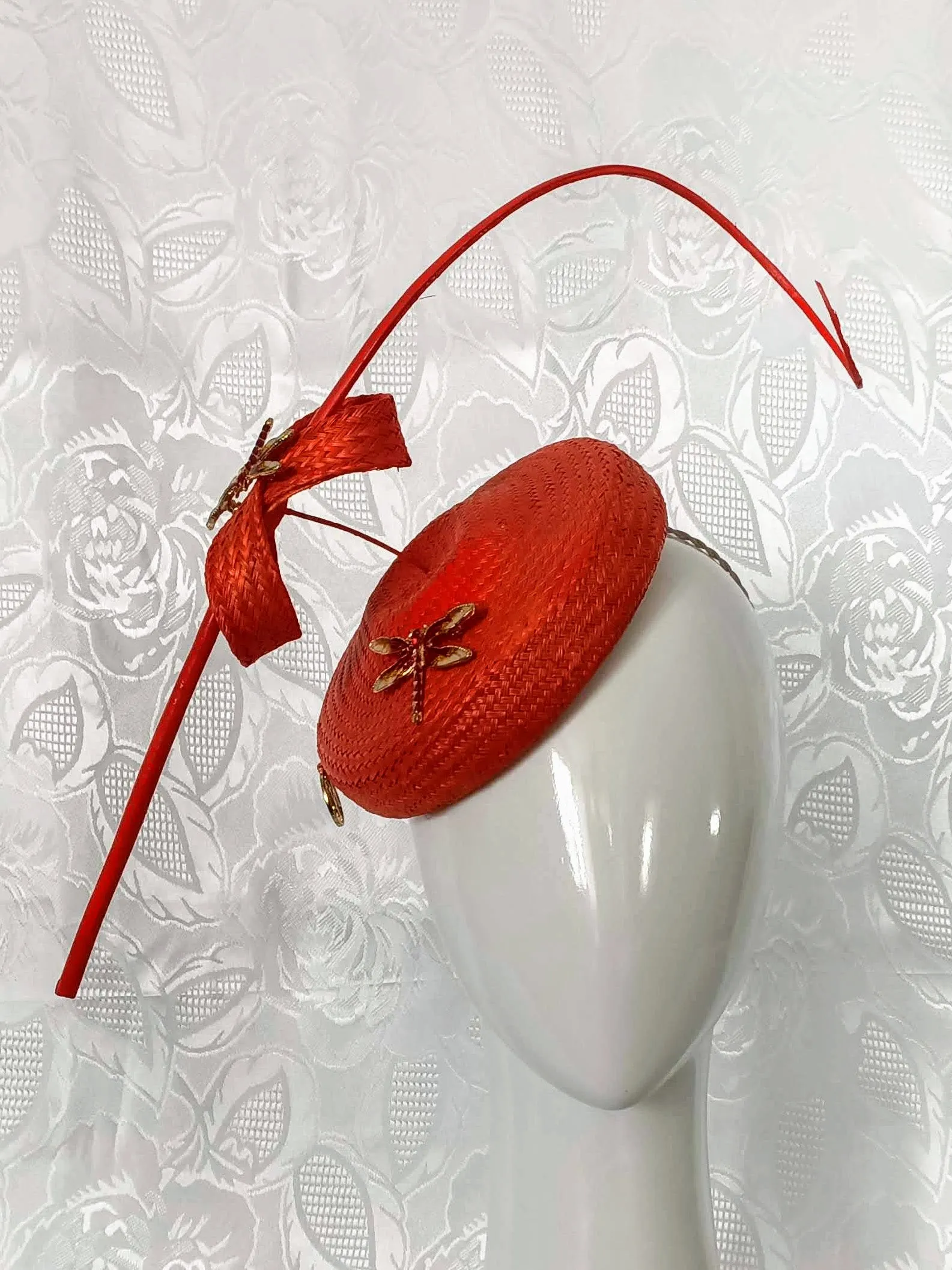 Orange Straw Fascinator with Floating Quill & Dragonfly Brooches