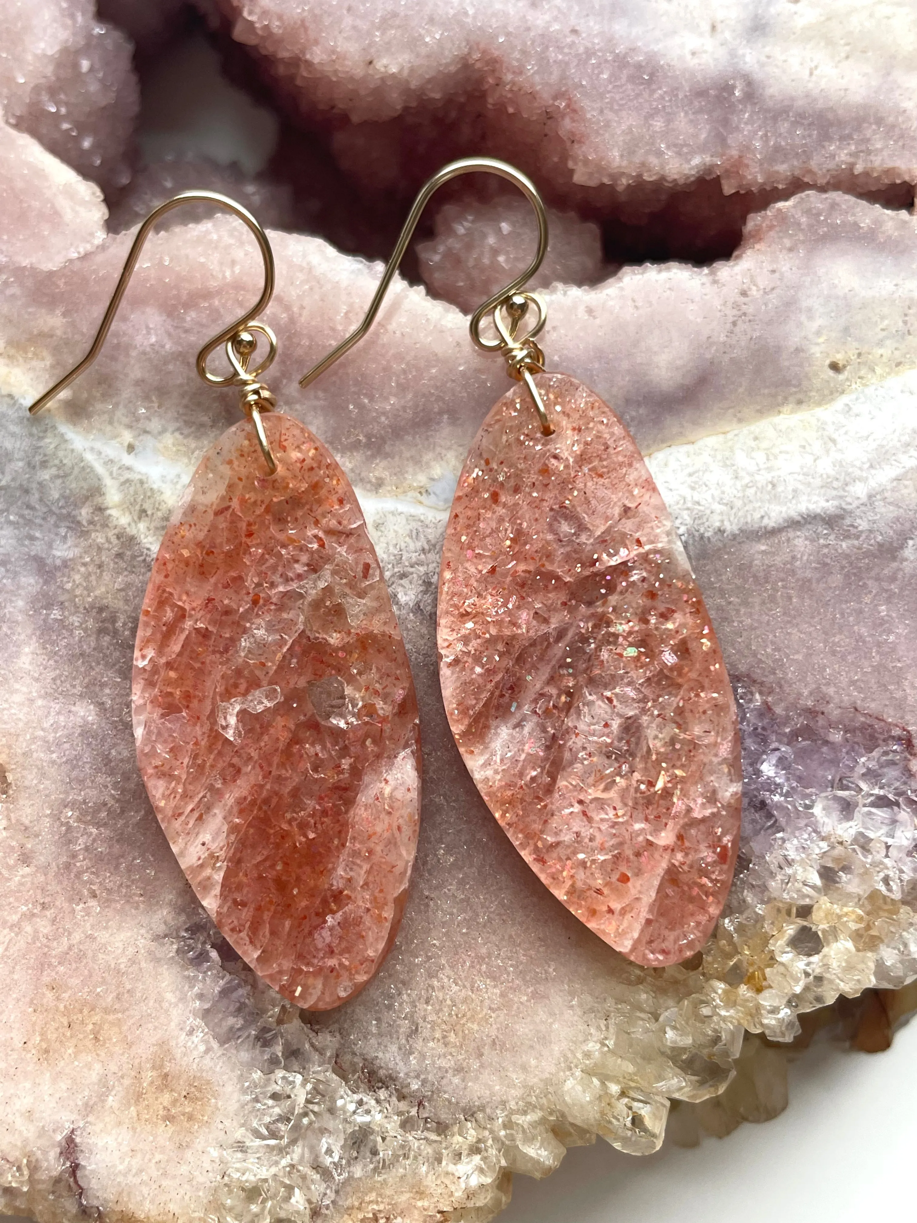 Orange Sunstone Gold Filled Statement Crystal Gemstone Threader Earrings
