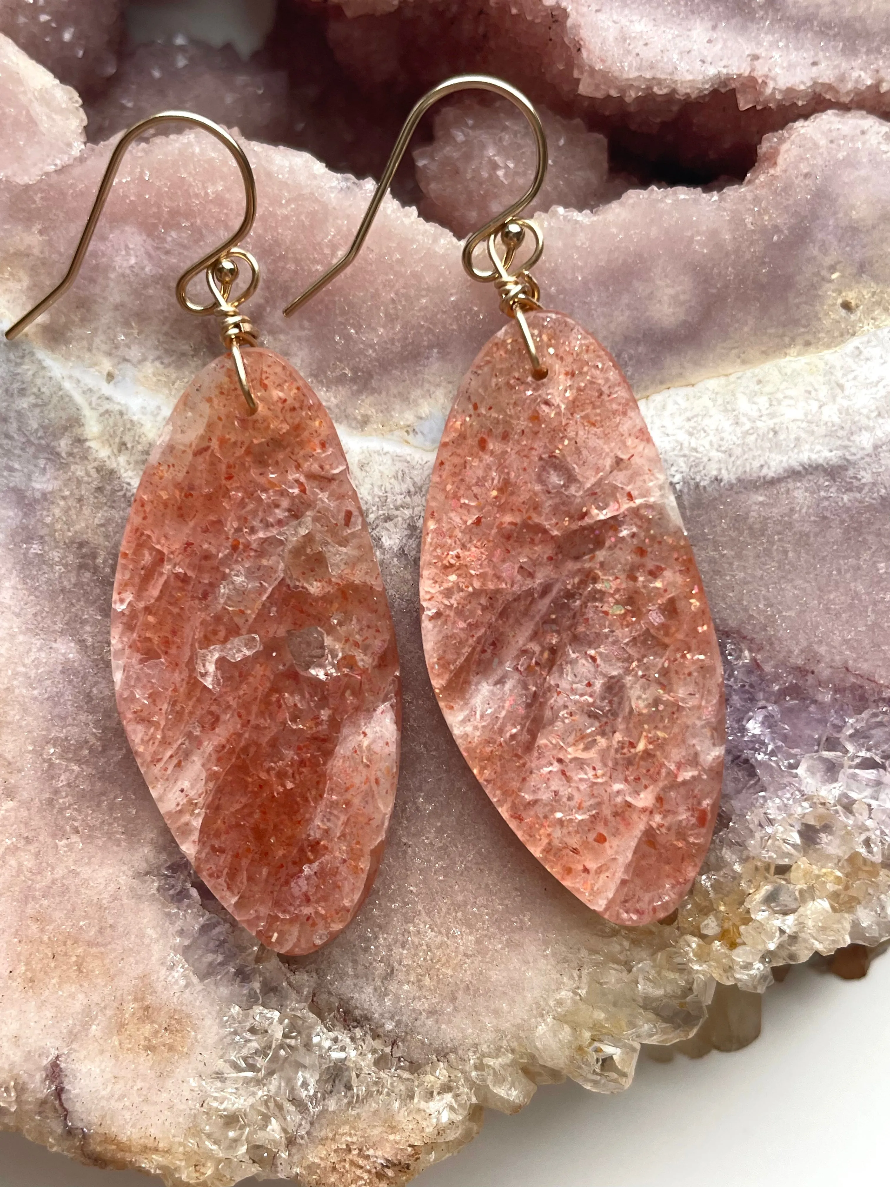 Orange Sunstone Gold Filled Statement Crystal Gemstone Threader Earrings