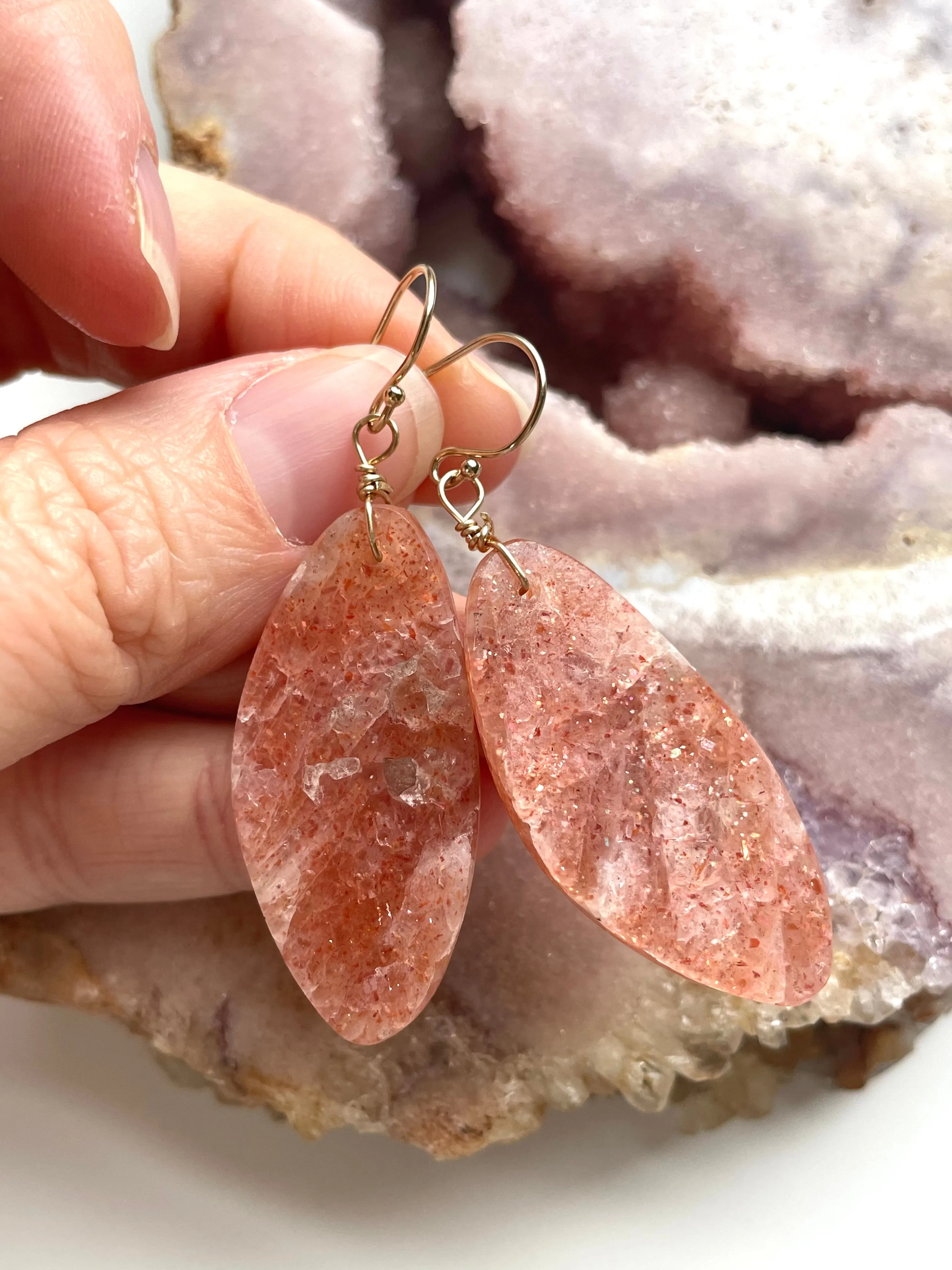 Orange Sunstone Gold Filled Statement Crystal Gemstone Threader Earrings