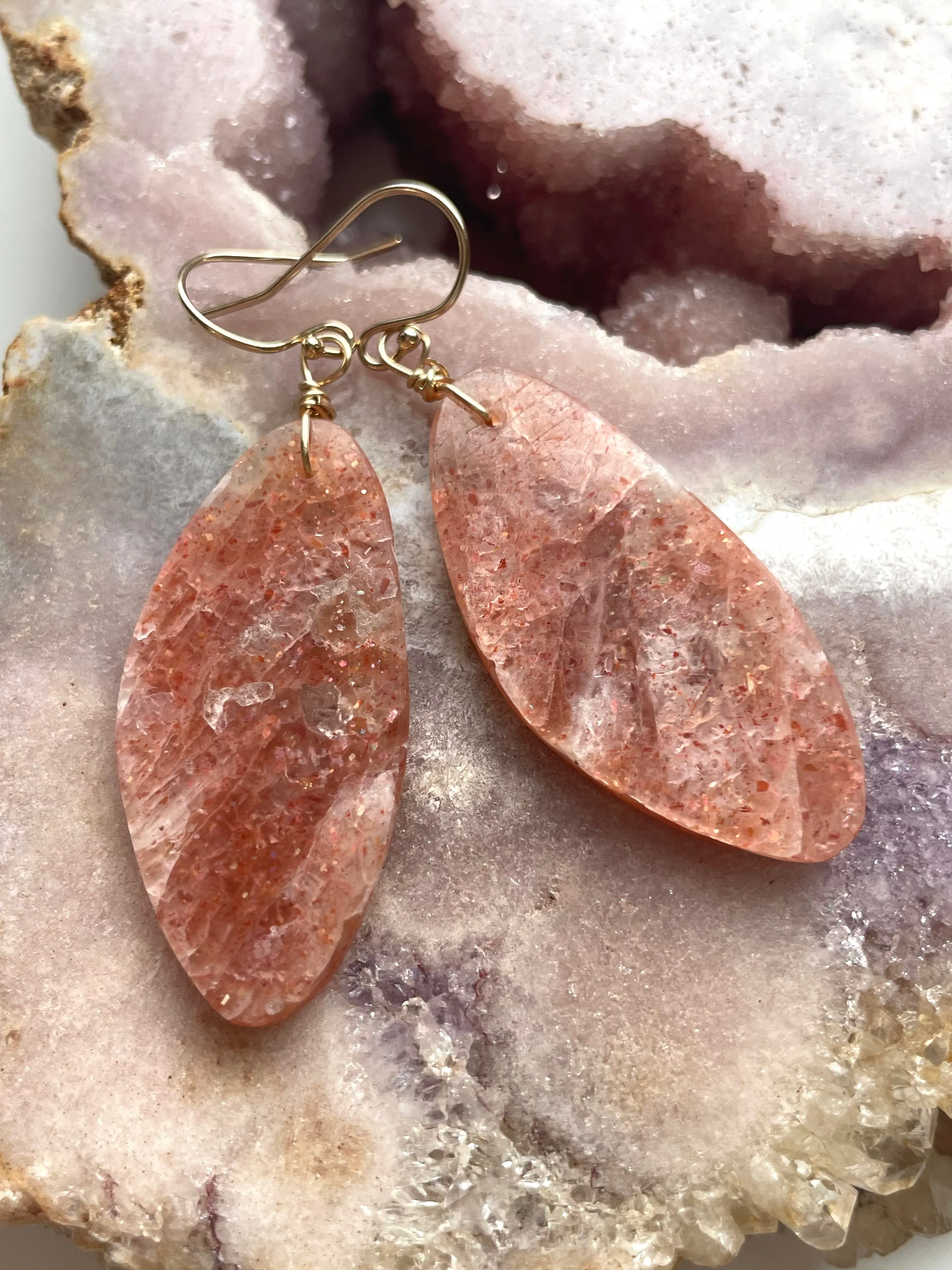 Orange Sunstone Gold Filled Statement Crystal Gemstone Threader Earrings