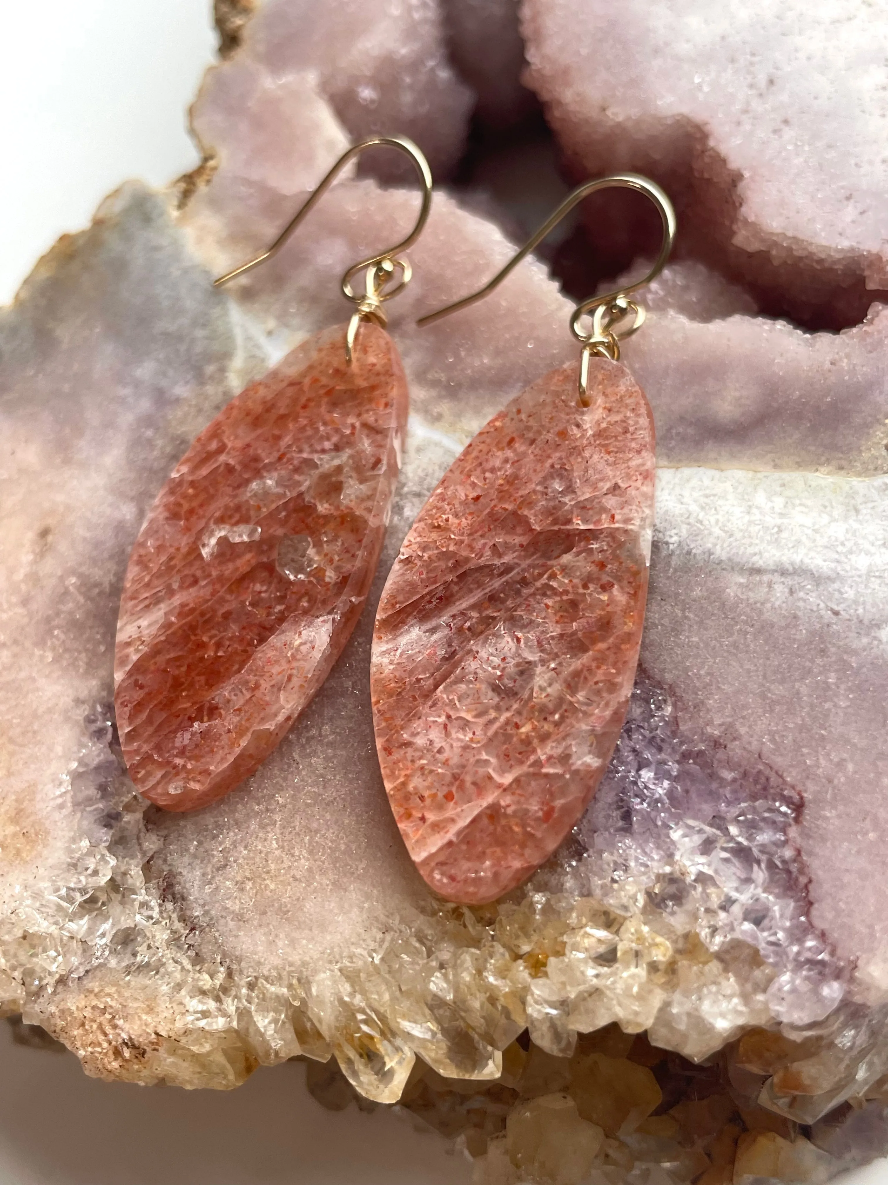 Orange Sunstone Gold Filled Statement Crystal Gemstone Threader Earrings