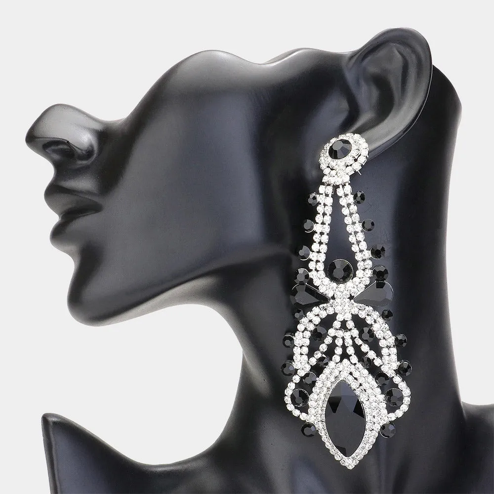 Oversized Black Crystal Marquise Stone Statement Earrings  | Pageant Earrings | 620024