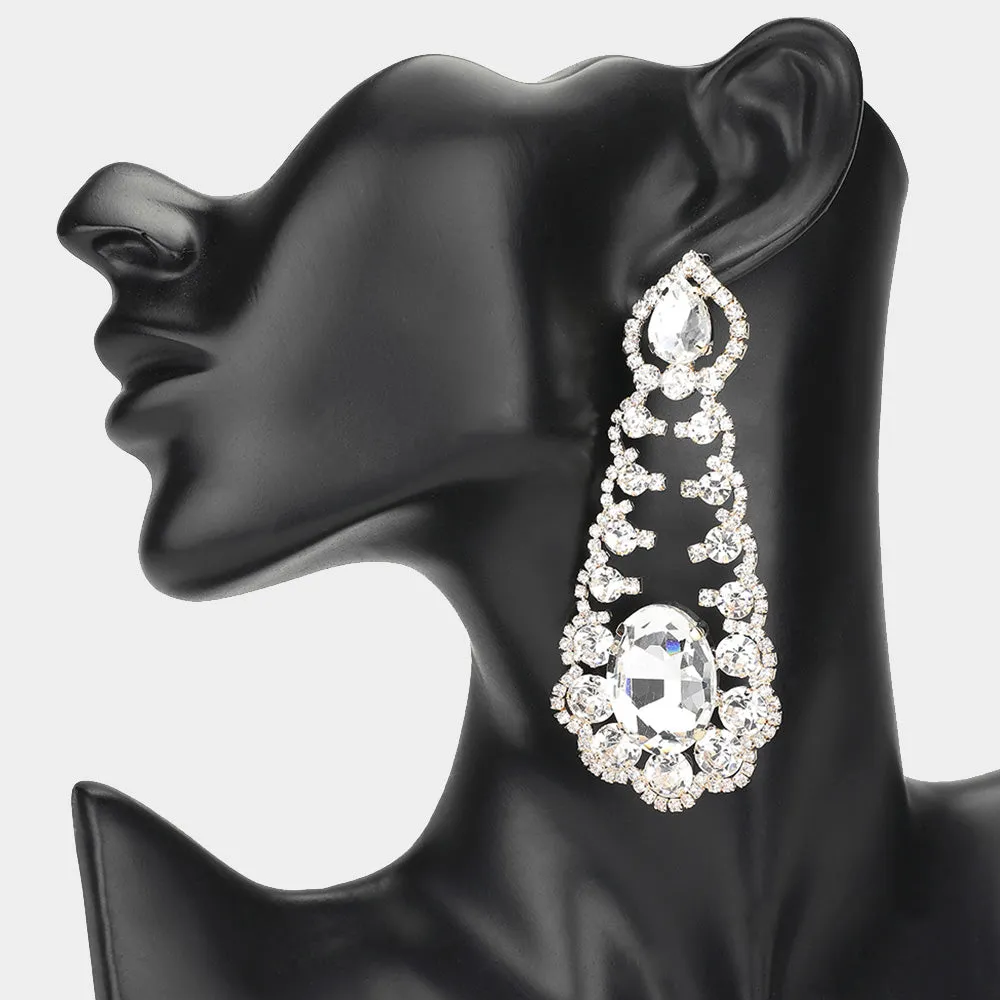 Oversized Clear Oval and Teardrop Stone with Accented Rhinestone Trim on Gold | Evening Earrings | 650346