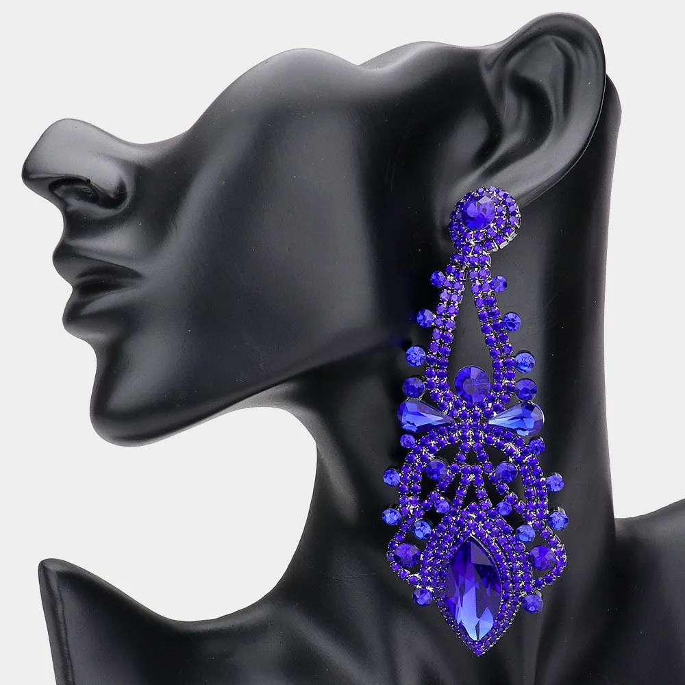 Oversized Royal Blue Crystal Marquise Stone Statement Earrings  | Pageant Earrings | 536009