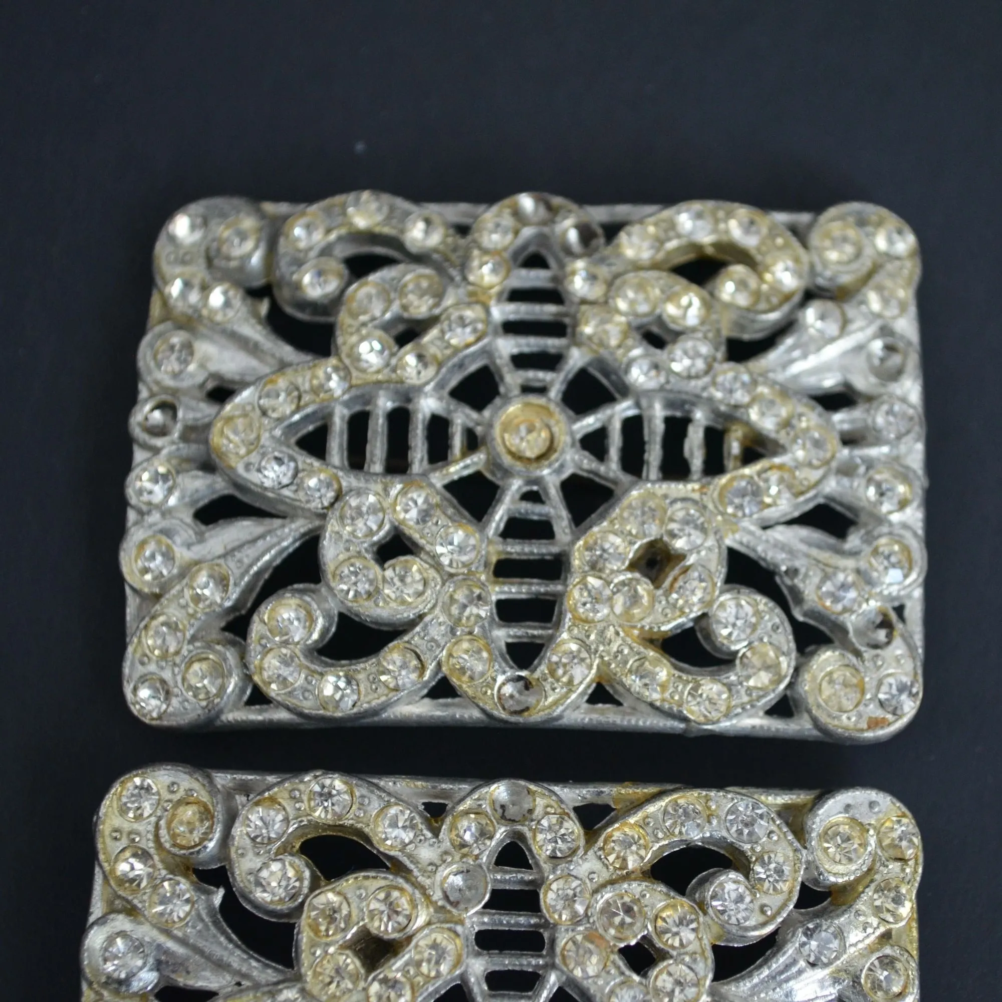 Pair Vintage Silver Rectangular Brooch Brooches CZ