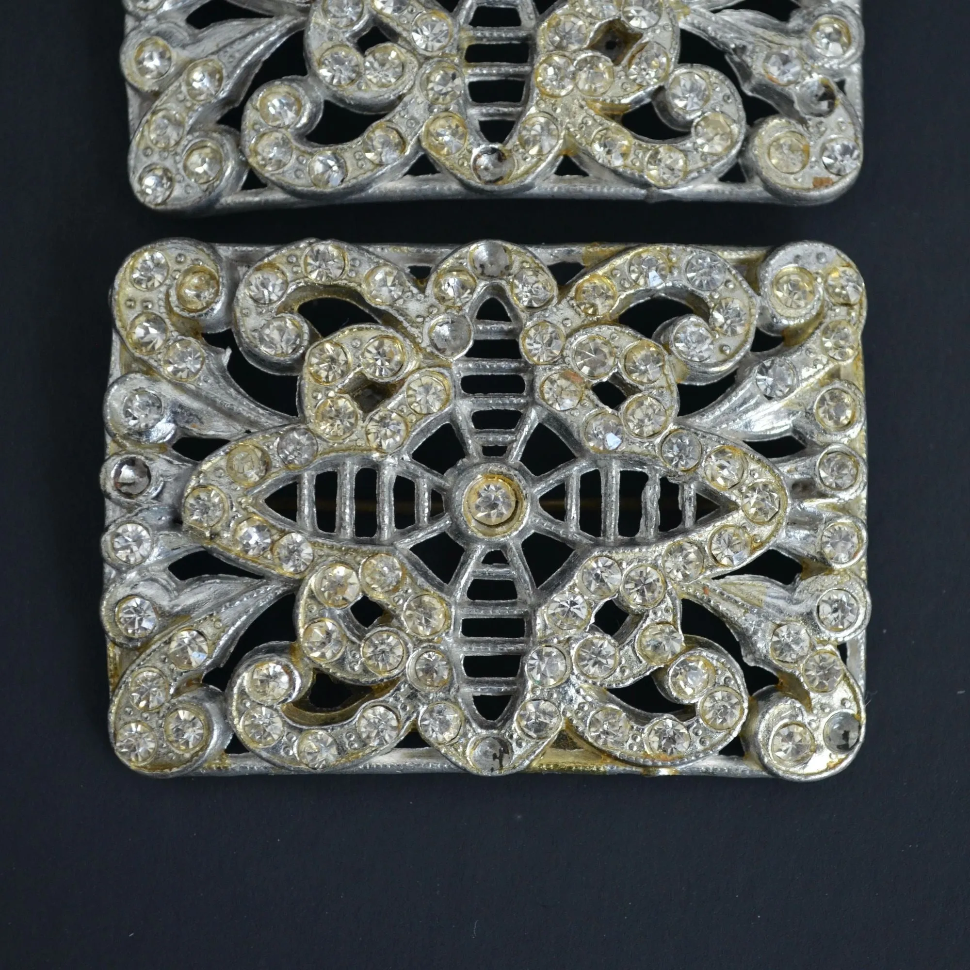 Pair Vintage Silver Rectangular Brooch Brooches CZ