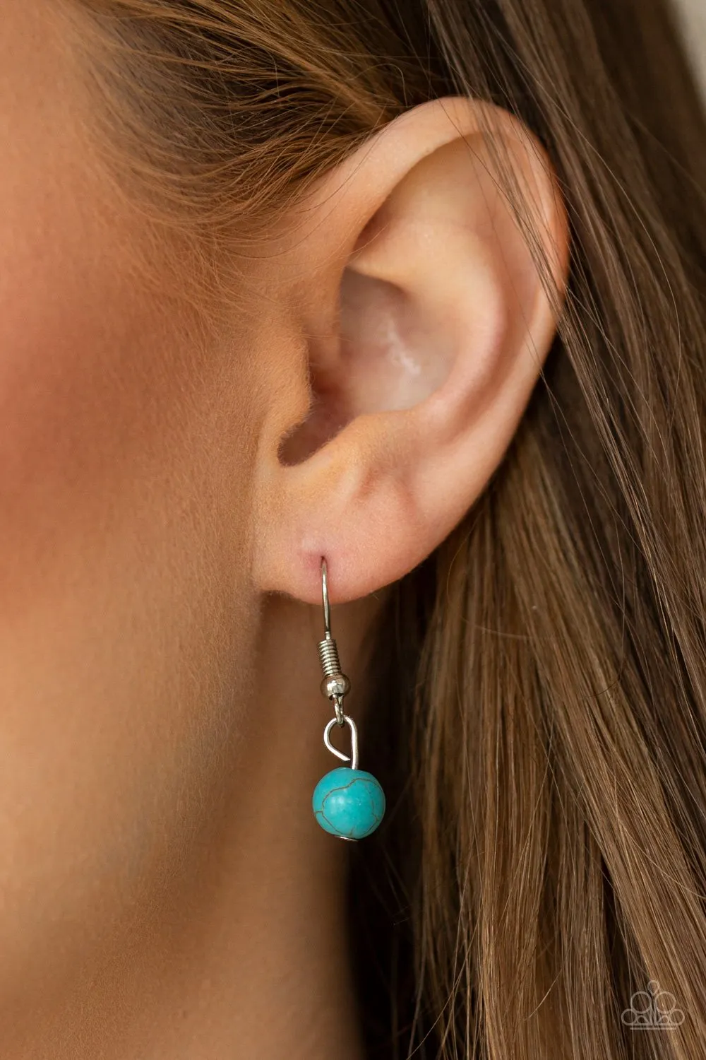 Paparazzi "Sedona Sandstone" Silver Metal Blue Crackle Turquoise Teardrop Necklace Set