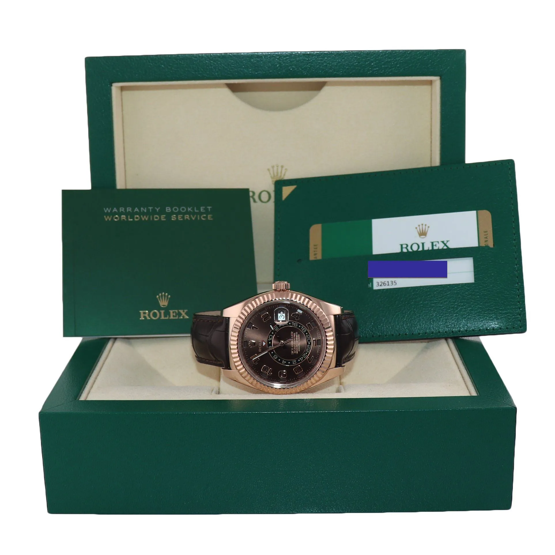 PAPERS 2018 Rolex Sky-Dweller 18K Rose Gold 326135 42mm Chocolate Leather Watch