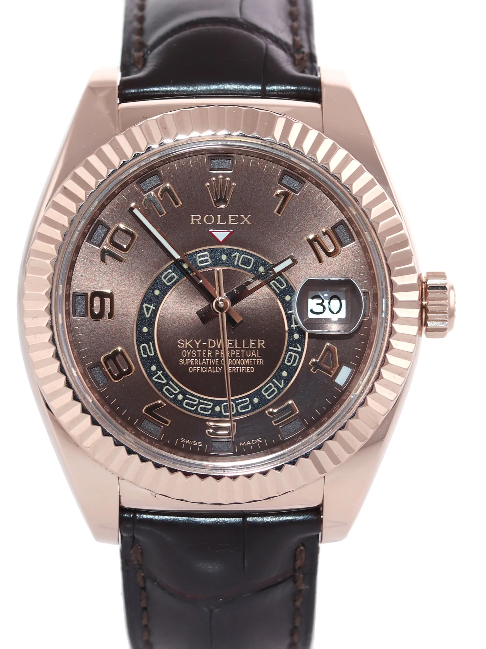 PAPERS 2018 Rolex Sky-Dweller 18K Rose Gold 326135 42mm Chocolate Leather Watch