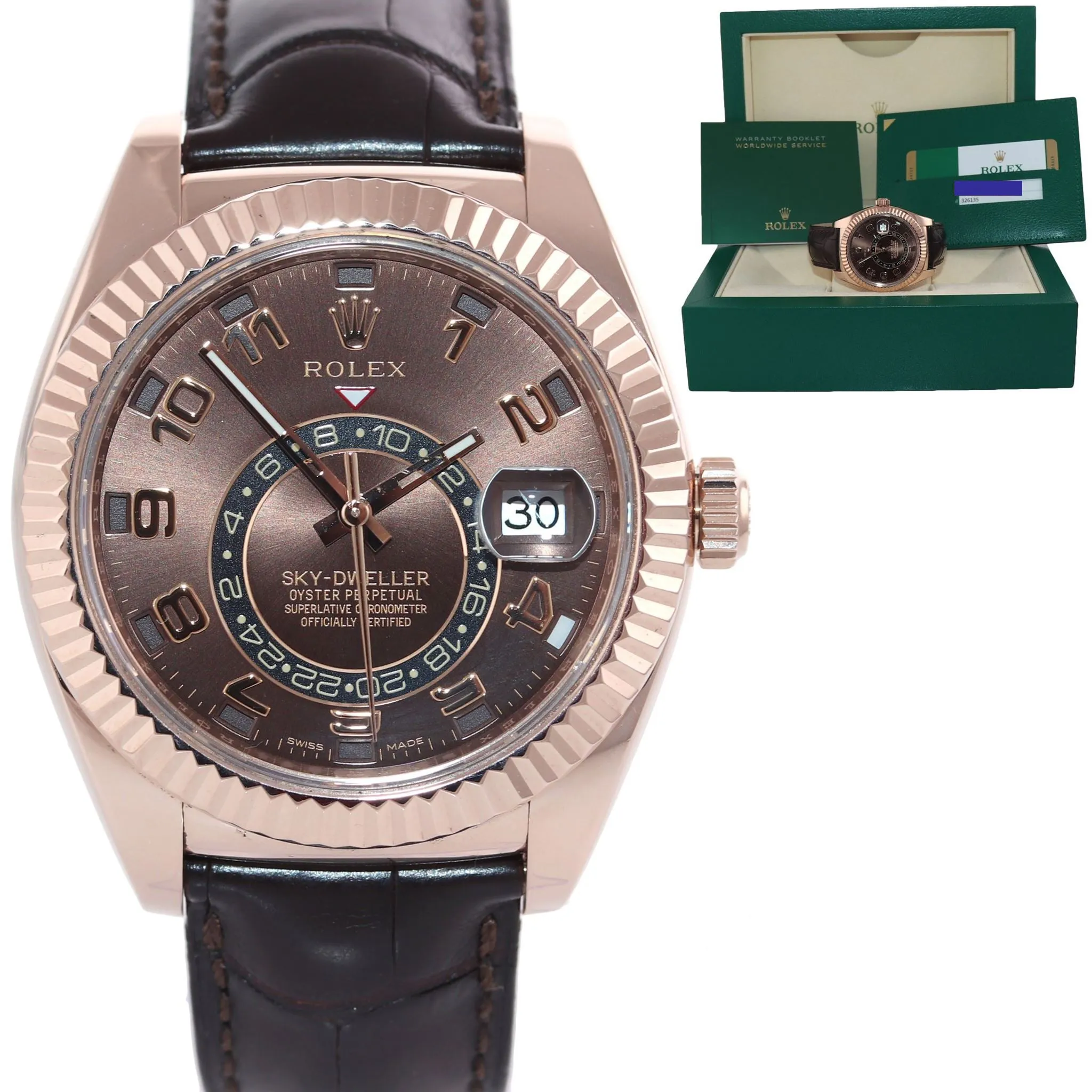 PAPERS 2018 Rolex Sky-Dweller 18K Rose Gold 326135 42mm Chocolate Leather Watch