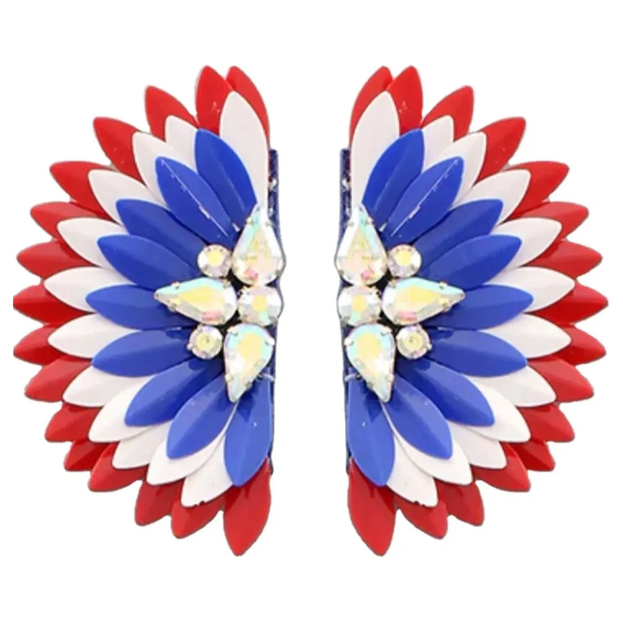 Patriotic Metal Tone Wings Stud Earrings with Rhinestones S